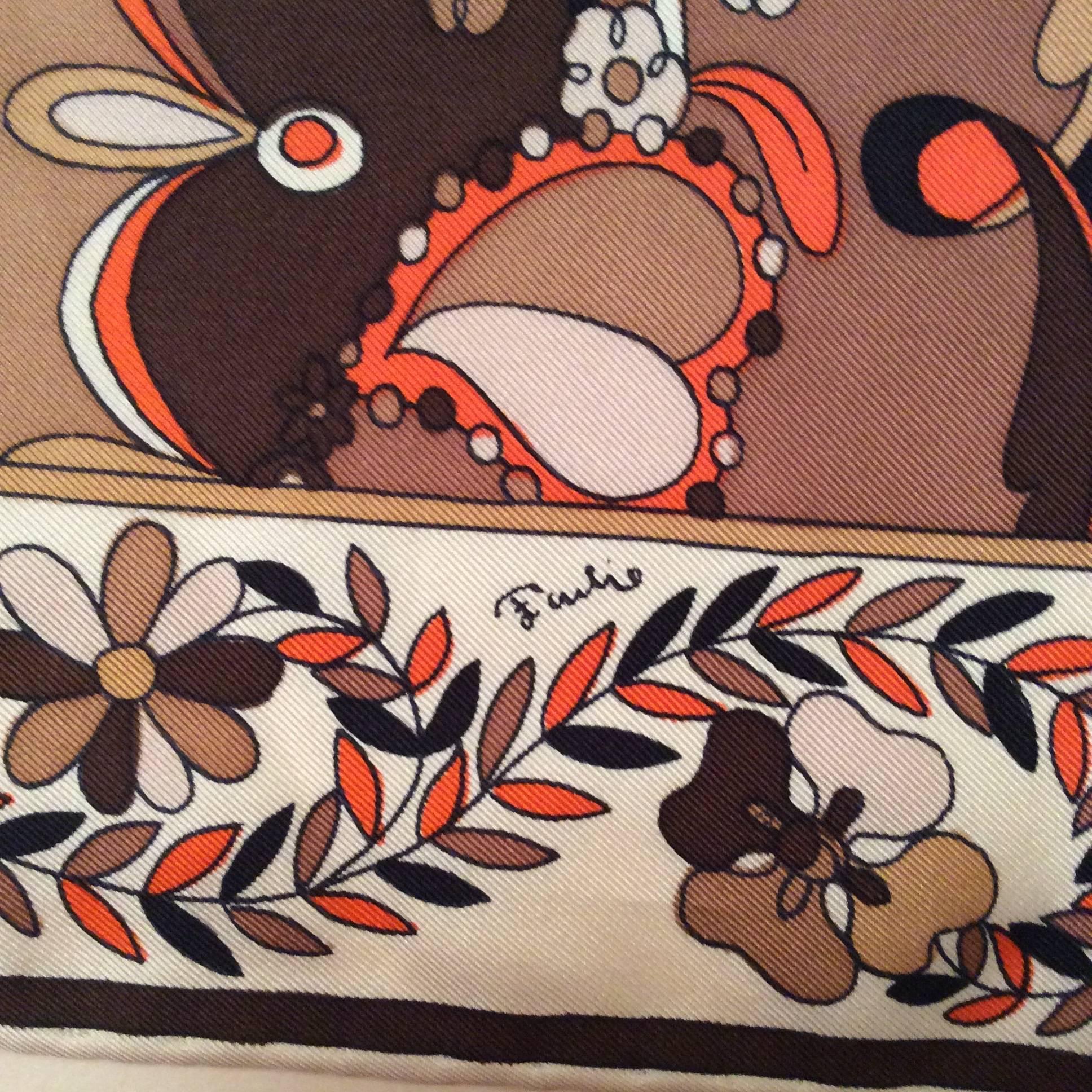 Brown Rare Vintage 1970's Emilio Pucci Silk Scarf For Sale