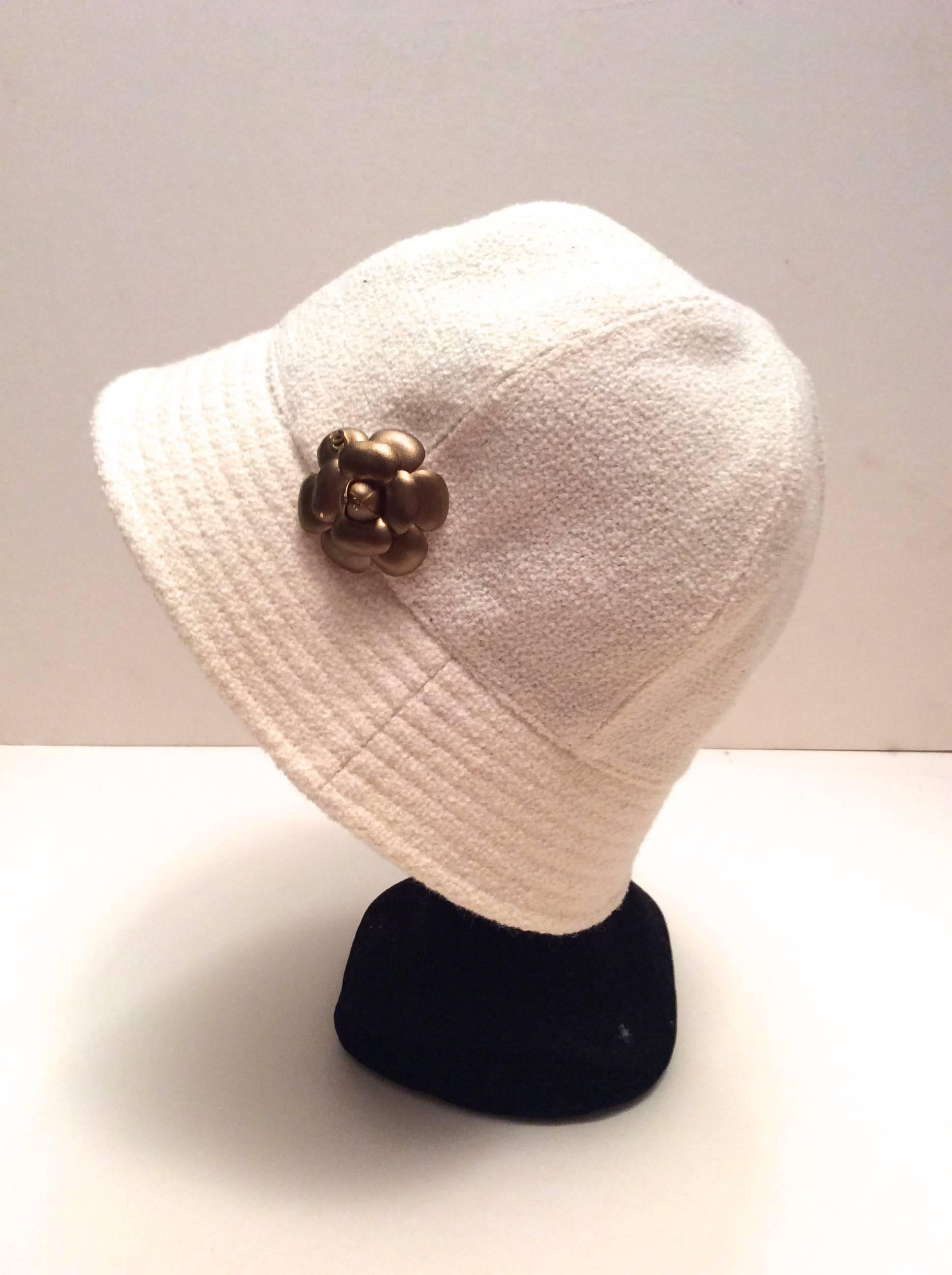 Chanel White Boucle Hat with Gold Tone Camellia  In Excellent Condition For Sale In Boca Raton, FL