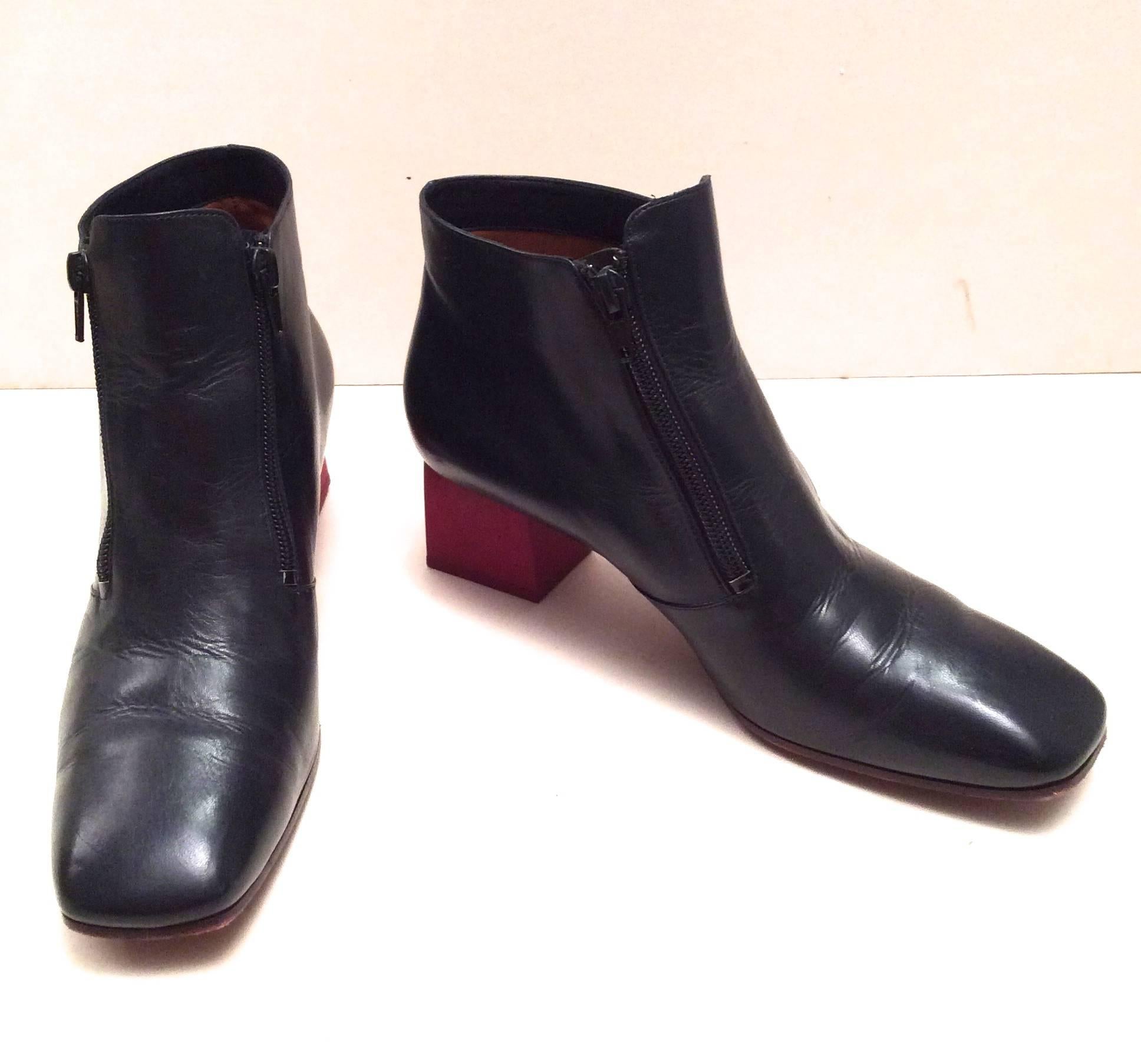 Women's Celine Boots - Short Navy Leather with Red Heel - Size 37.5 For Sale