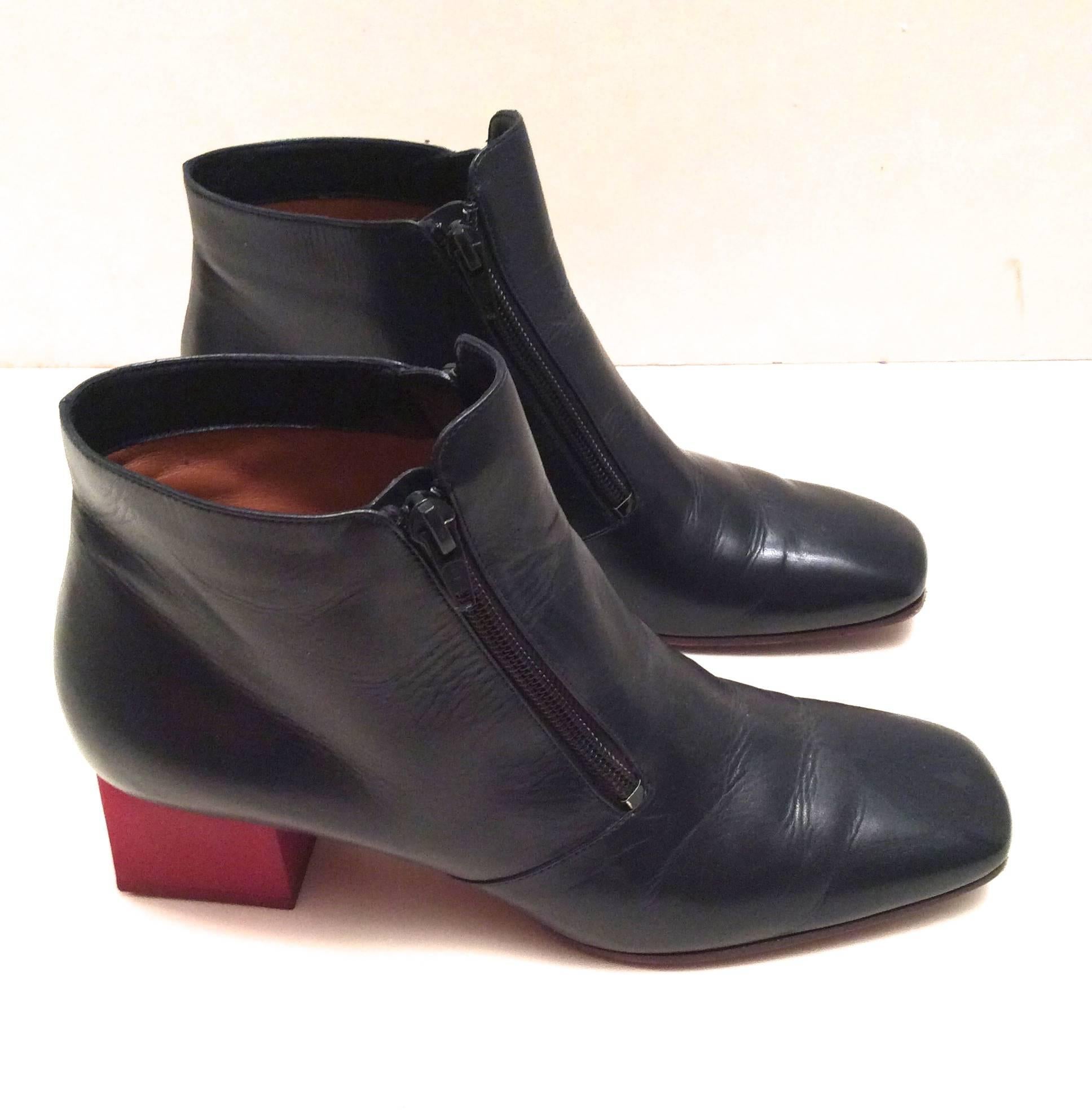 Celine Boots - Short Navy Leather with Red Heel - Size 37.5 For Sale 1
