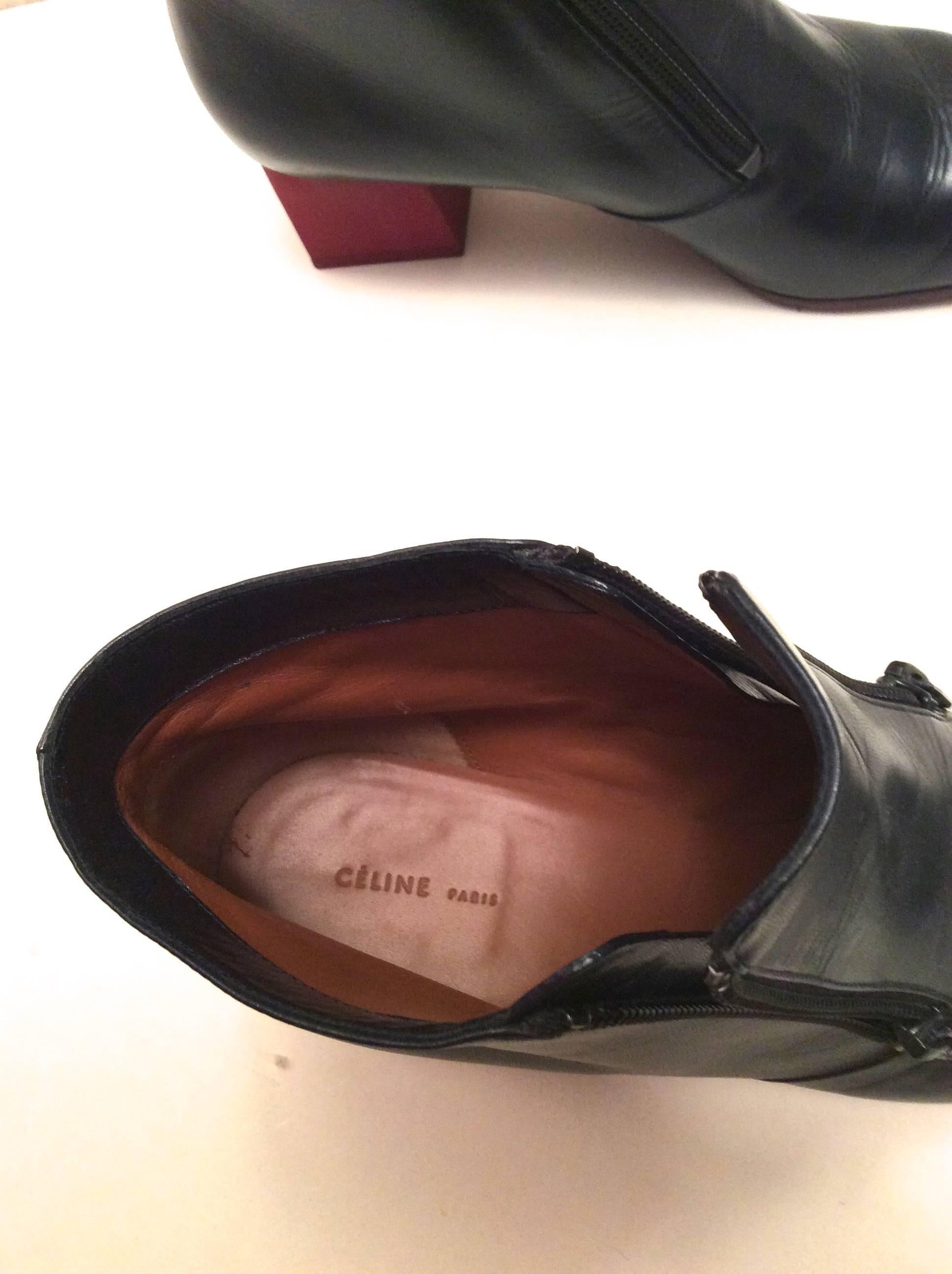 Celine Boots - Short Navy Leather with Red Heel - Size 37.5 For Sale 4