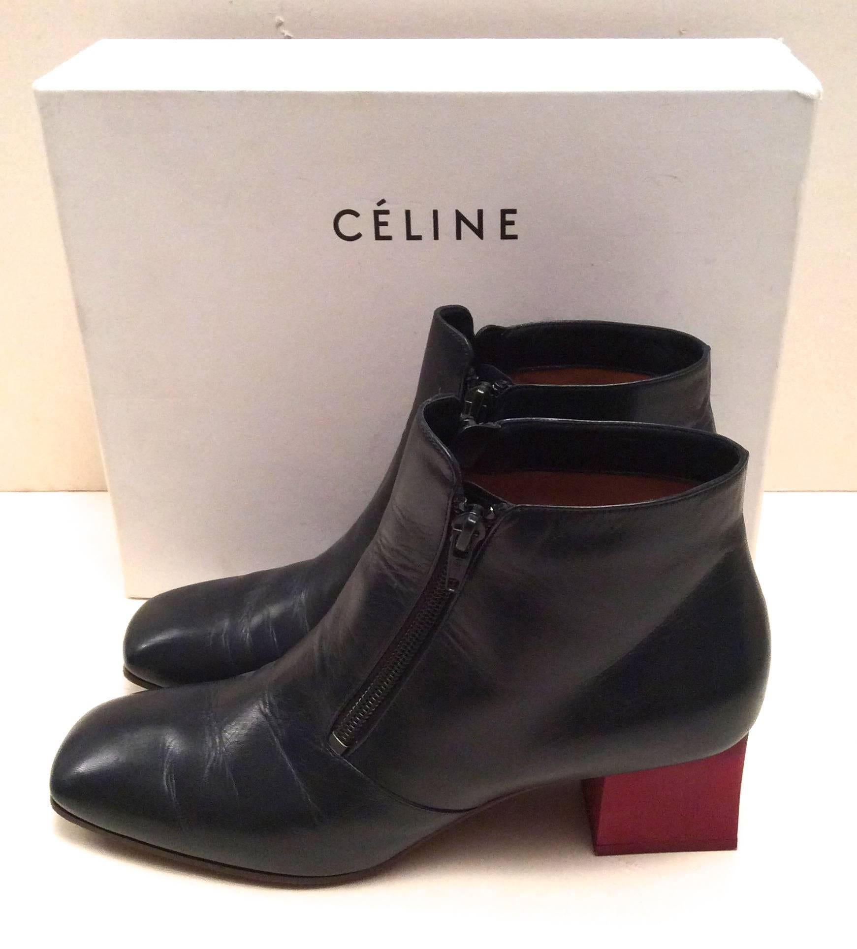 Celine Boots - Short Navy Leather with Red Heel - Size 37.5 In Excellent Condition For Sale In Boca Raton, FL