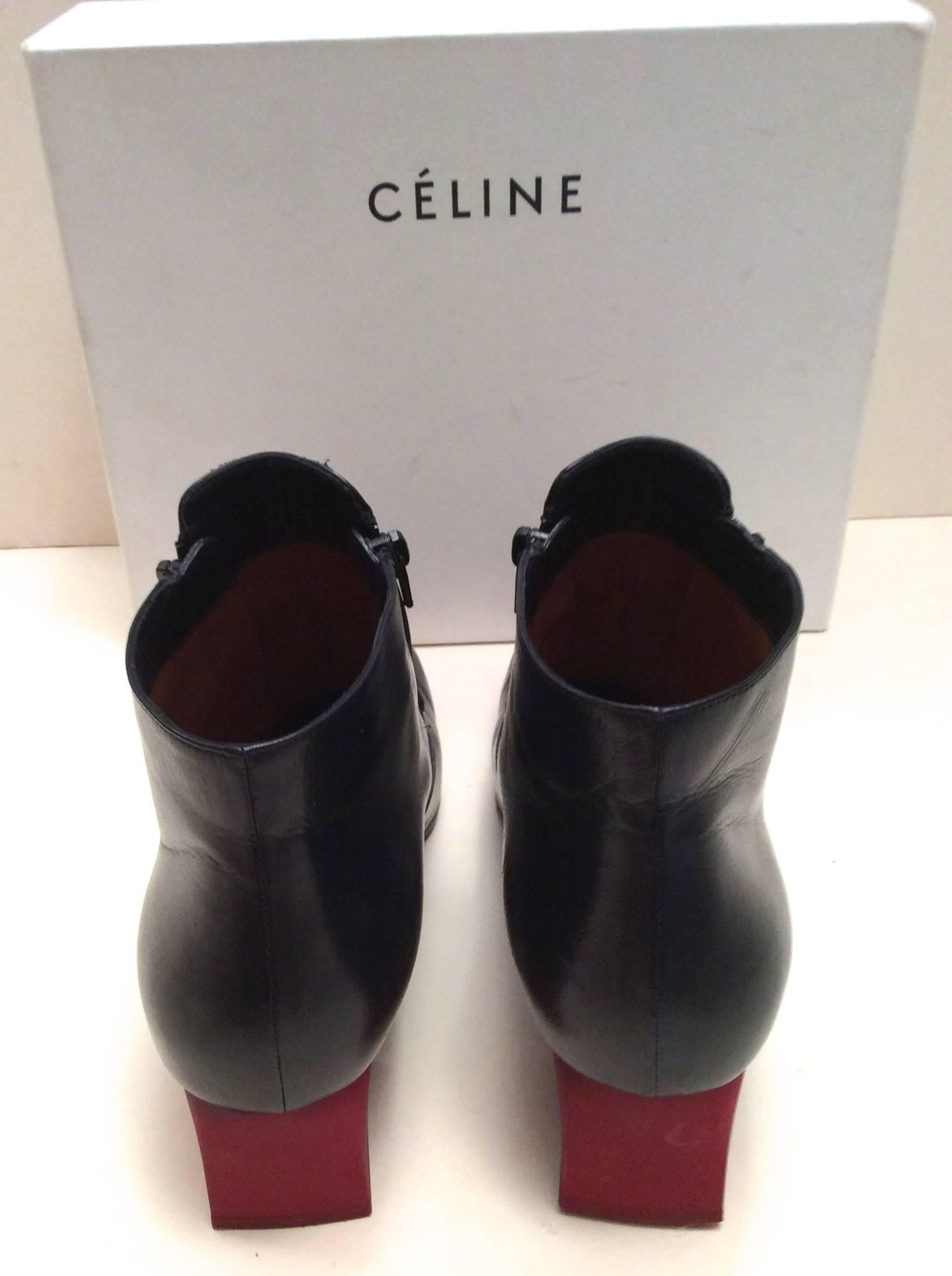 Black Celine Boots - Short Navy Leather with Red Heel - Size 37.5 For Sale