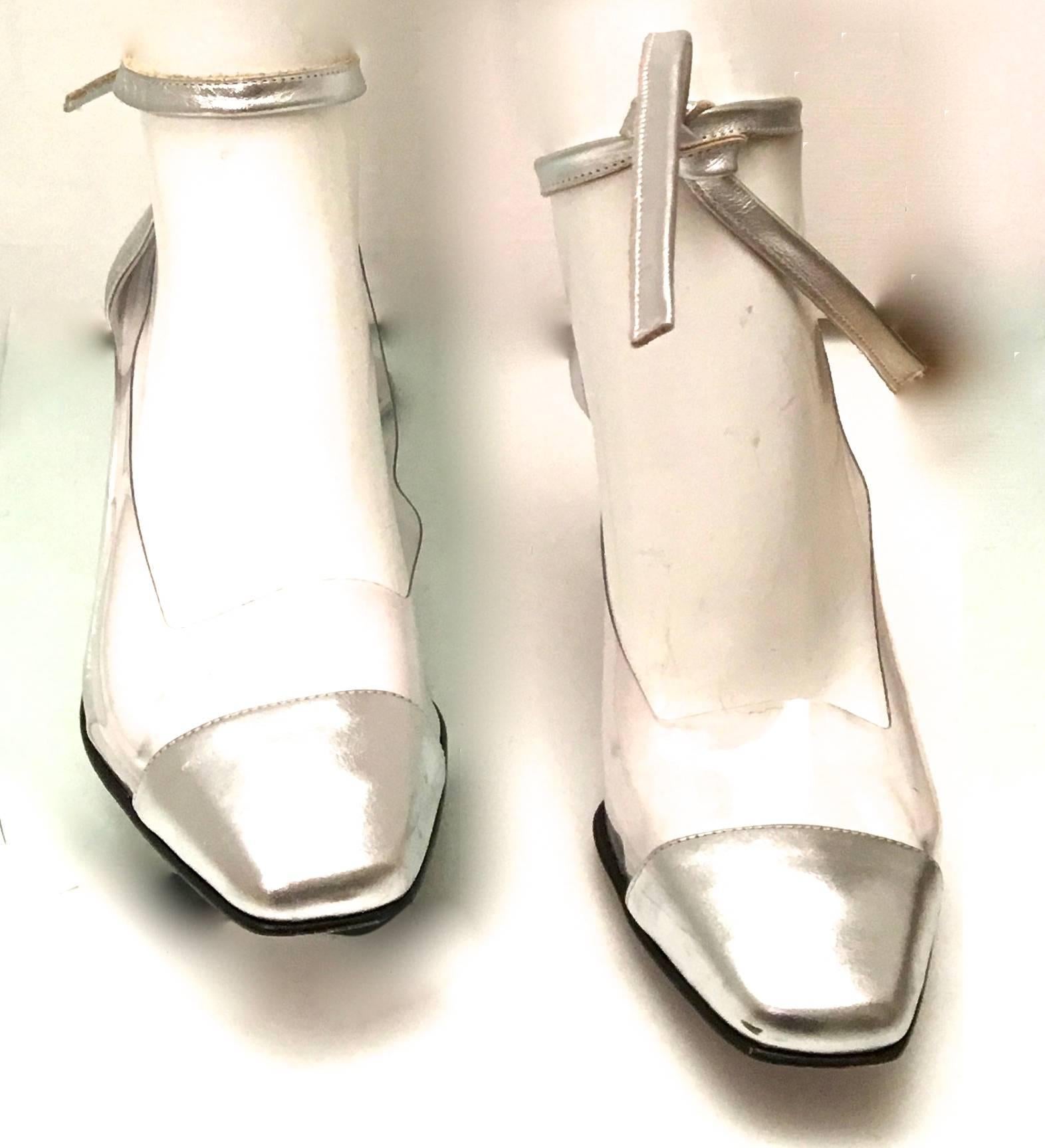 Rare Courreges Shoes - Size 38 - Silver leather / Clear Plastic with Ankle Tie 4