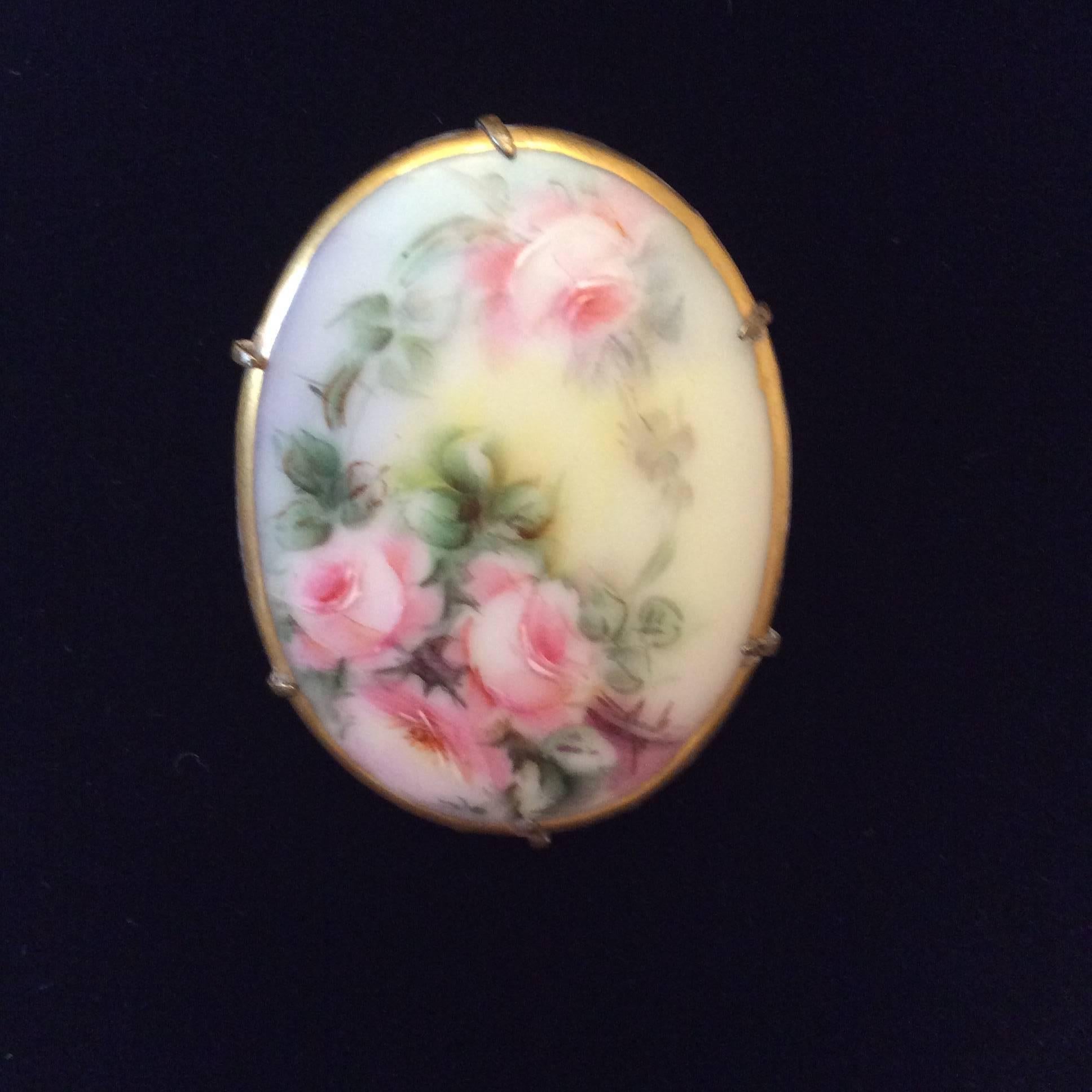 Women's or Men's 1920's  Brooch and Earring Set - Porcelain - Handpainted - Rare For Sale