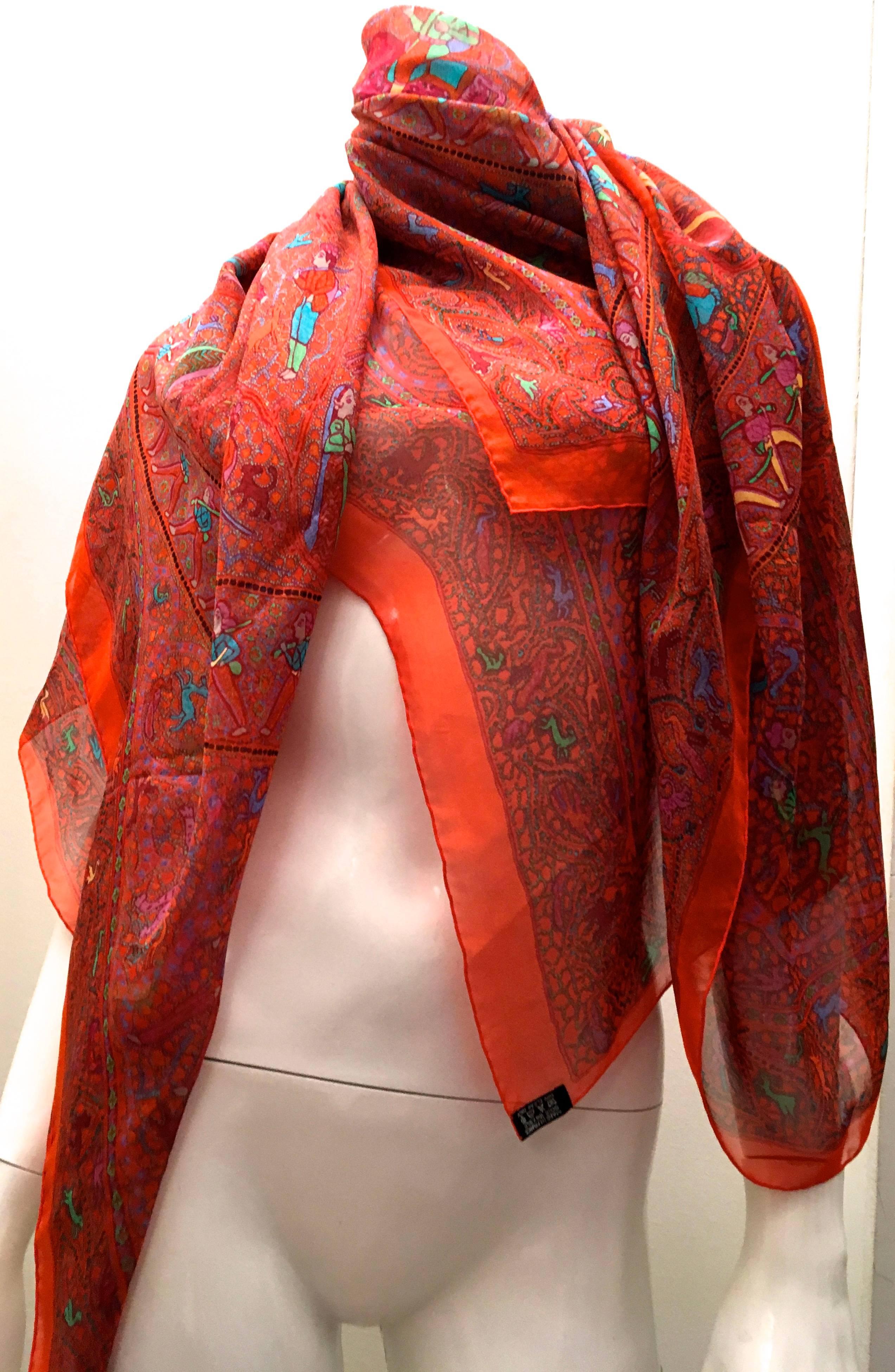 Presented here is a magnificent extra large scarf from Hermes Paris. This scarf is made from 100% silk musselin and is hand rolled. The scarf is a design dedicated to Lalbhai Dalpatbhai. The scarf is a limited release large sized scarf / shawl that