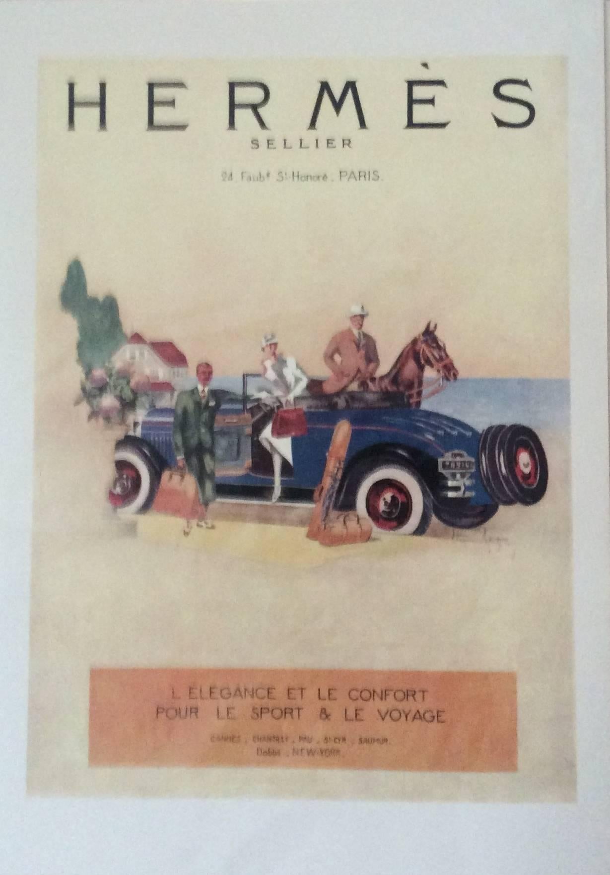 This is a print of an advertising poster of Hermes from the 1930's. The print is an image of a group of well dressed people, a vintage automobile, and a horse. The backdrop is a waterfront.

These particular ads were used as storefront displays in