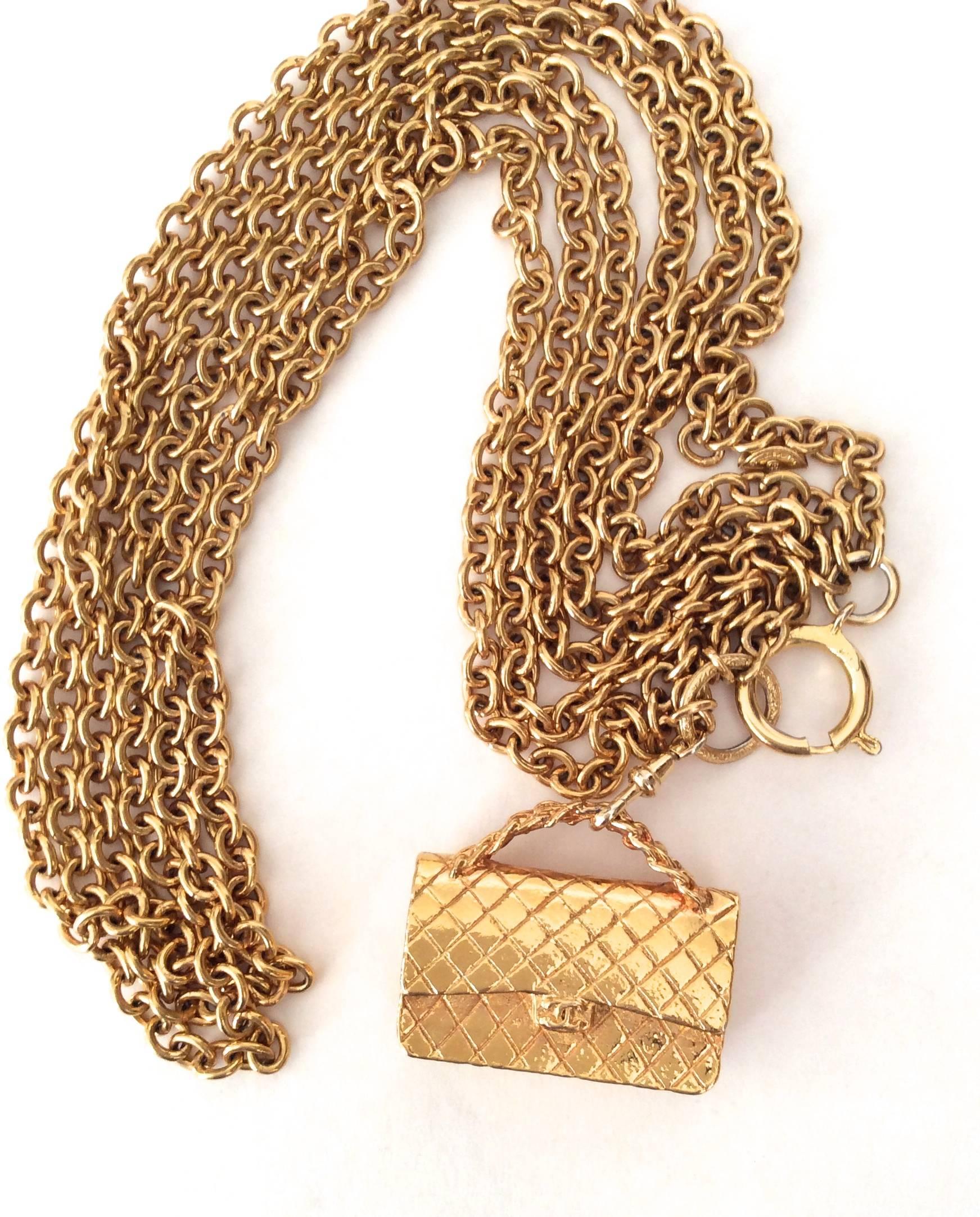 Gold Tone Chanel Triple Chain Necklace with Iconic Purse Pendant 5