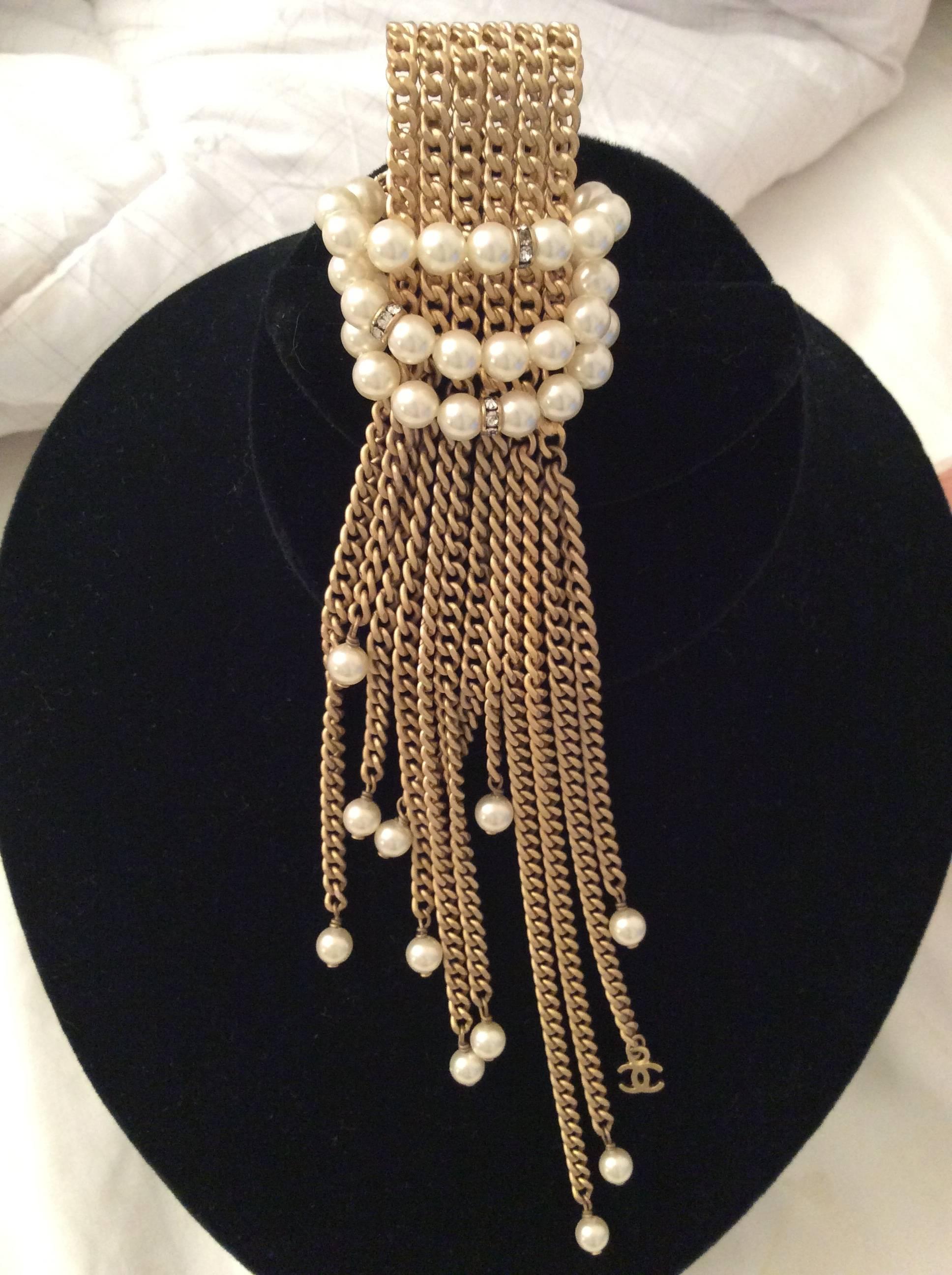 Women's Chanel Pearl, Rhinestone, and Gold Tone Chain Brooch - 1970's For Sale