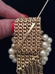 Chanel Pearl, Rhinestone, and Gold Tone Chain Brooch - 1970's
