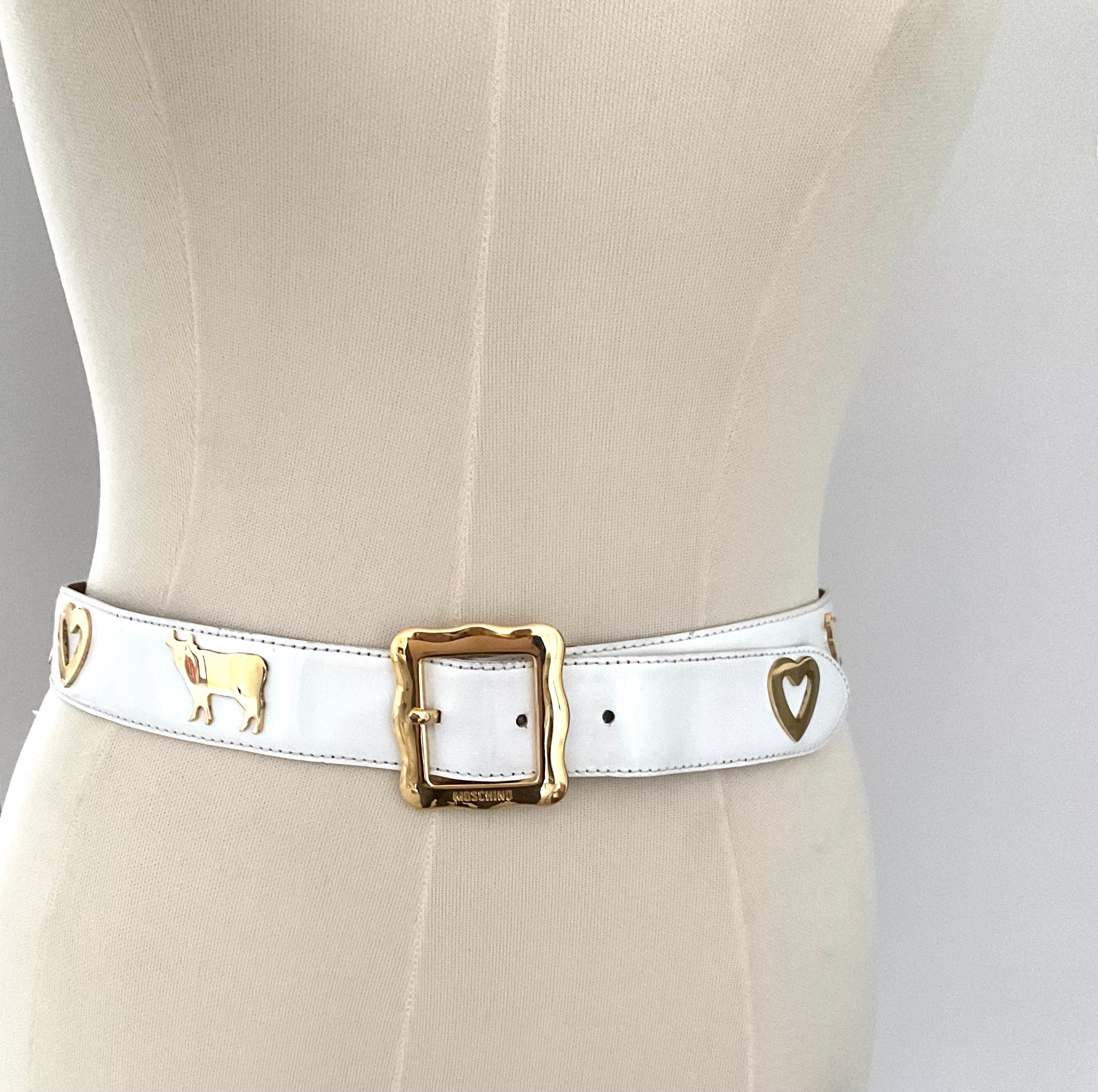 Moschino by Redwall Cintura in pelle bianca Oro Cuori di mucca anni
80