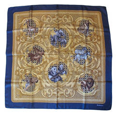 Burberry's Navy and Golden Silk Scarf with Animal Motif