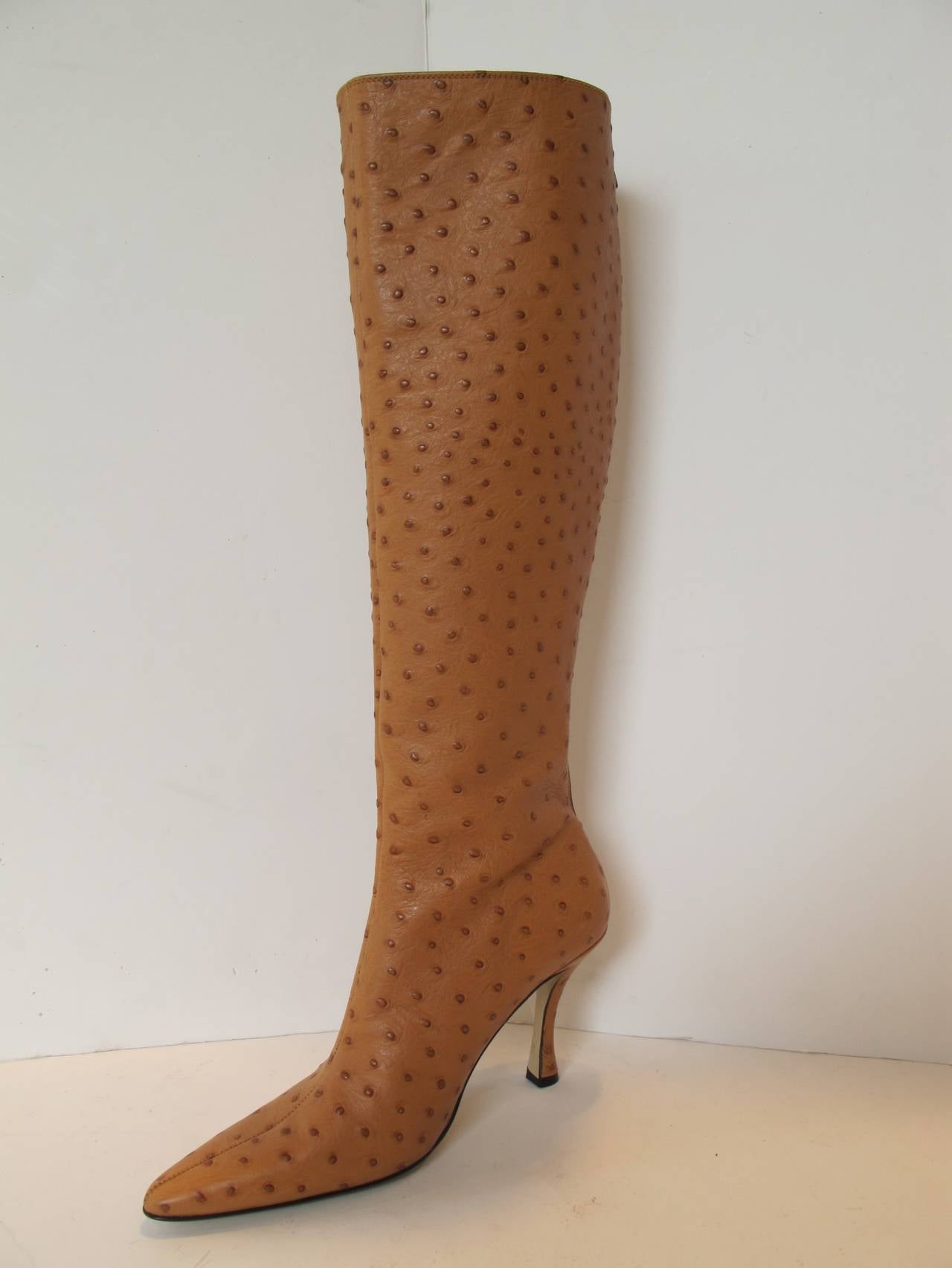 Brown New Walter Steiger Camel-Ostrich Knee High Boots For Sale