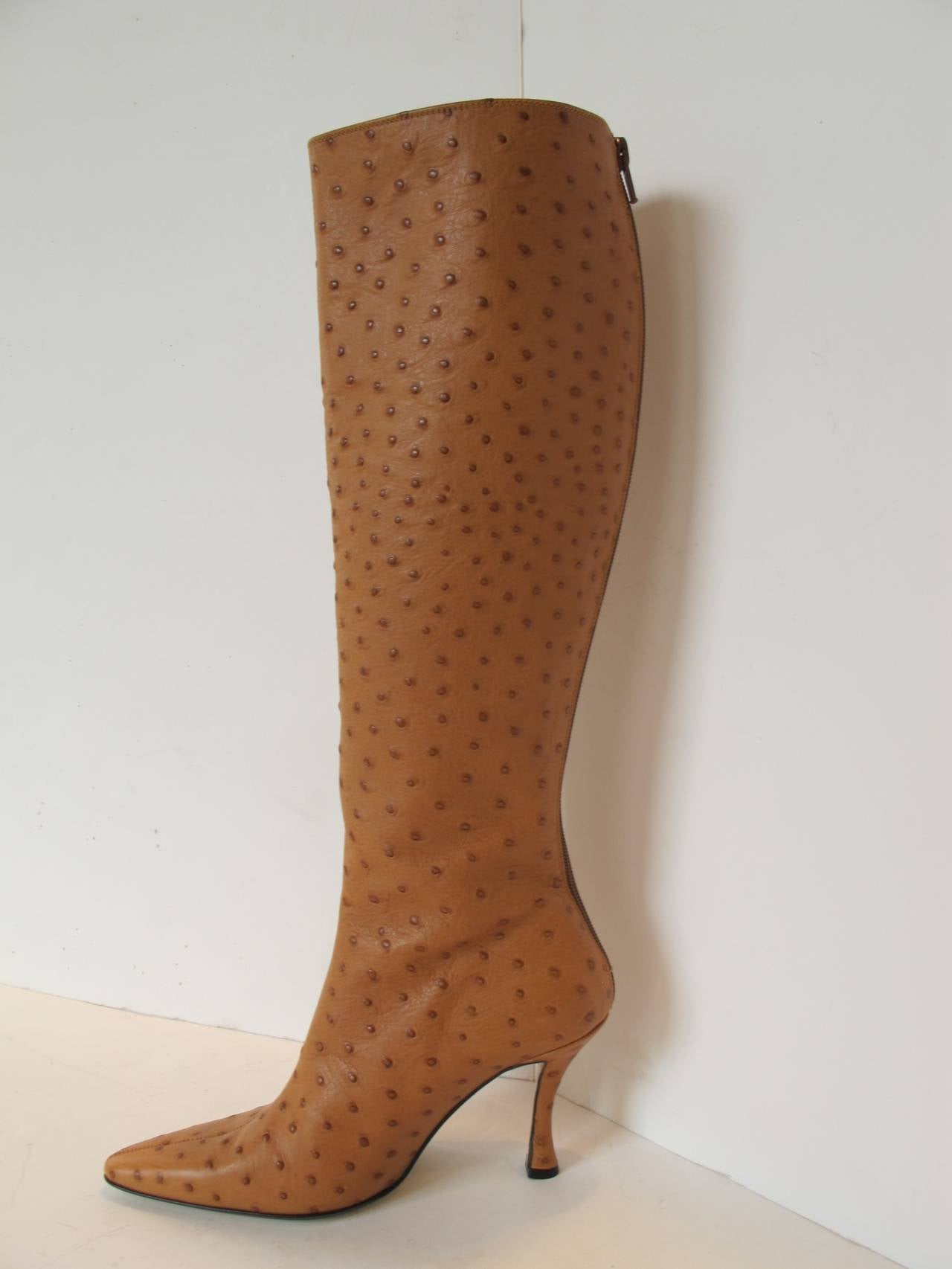 New Walter Steiger Camel-Ostrich Knee High Boots In New Condition For Sale In San Francisco, CA