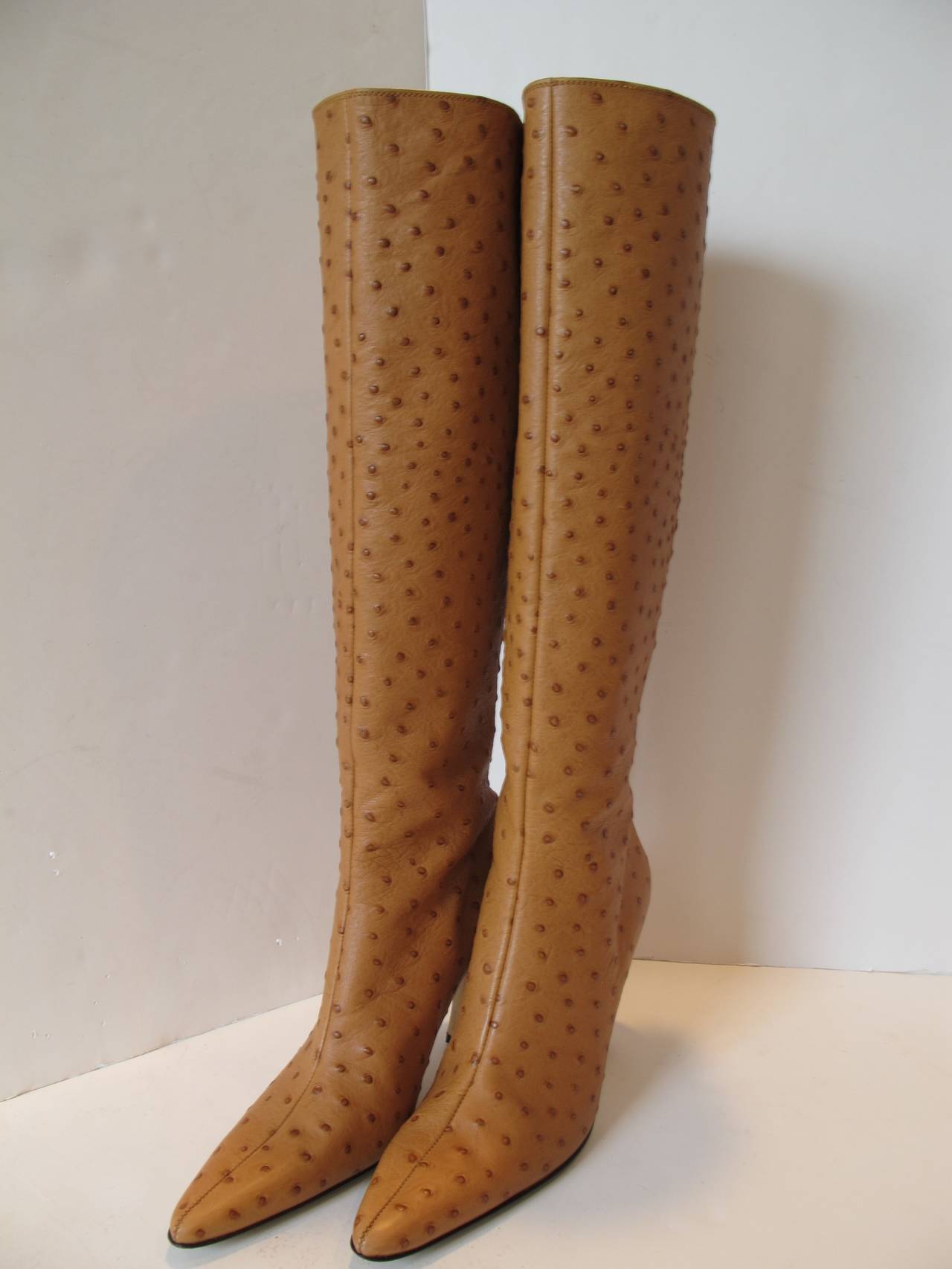 New Walter Steiger Camel-Ostrich knee high boots with 15.75 inch zipper from top of heel to top of boot. Understated chic! Heel measures 3.5 inches.