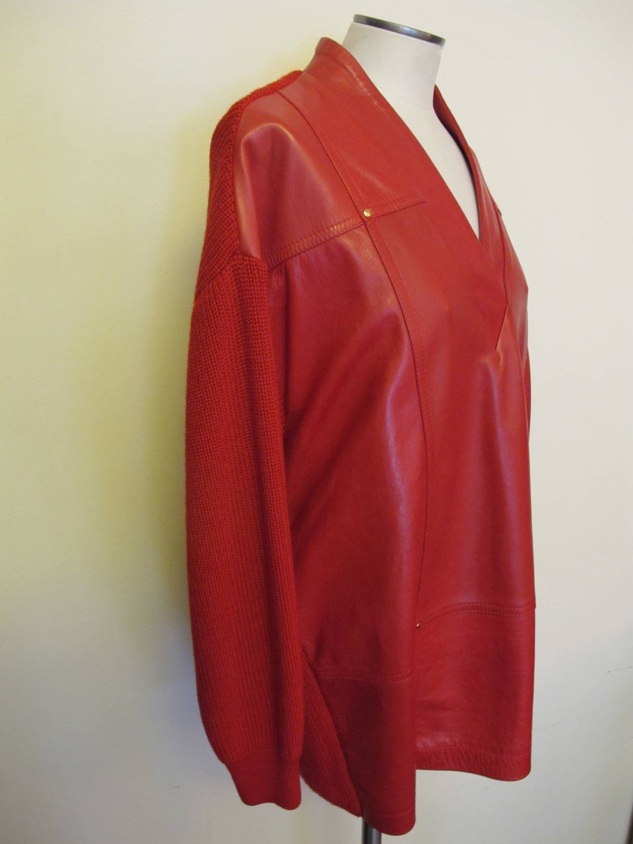 1980's Gianfranco Ferre Red Leather and Knit Unisex Sweater In Excellent Condition For Sale In San Francisco, CA