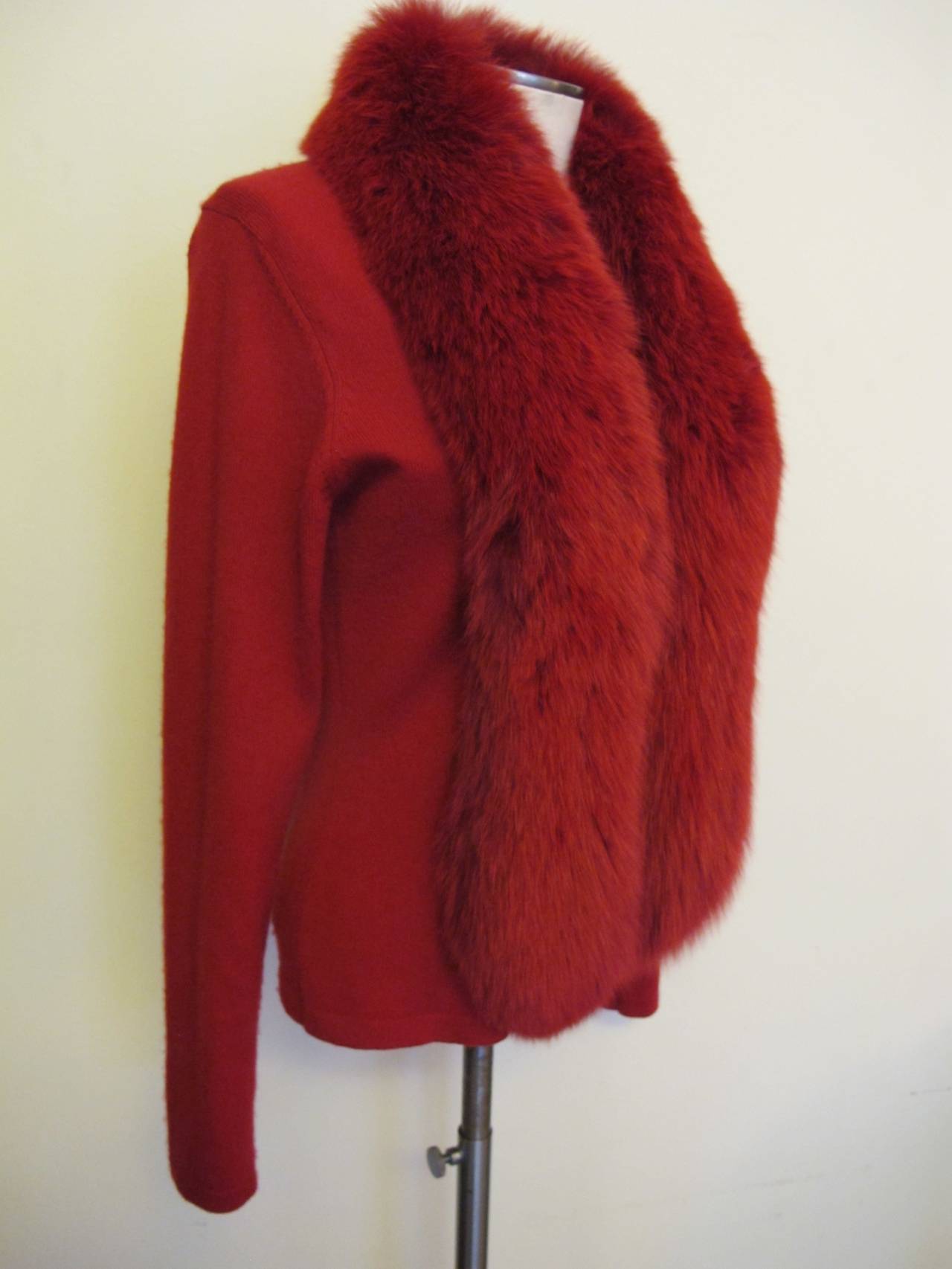 Randolph Duke Scarlet Red Cashmere Cardigan Sweater with Fox Trim In Excellent Condition For Sale In San Francisco, CA