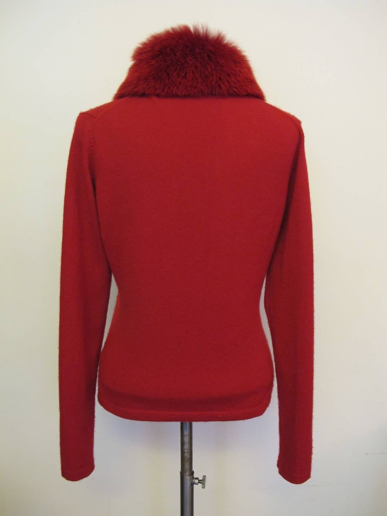 Women's Randolph Duke Scarlet Red Cashmere Cardigan Sweater with Fox Trim For Sale