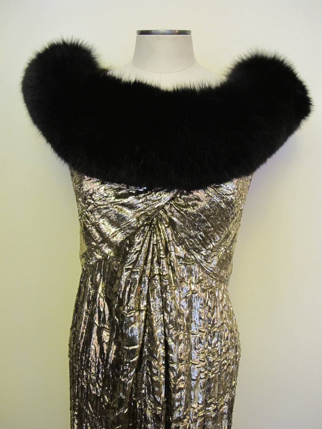 Bob Mackie I. Magnin Luscious Golden Velvet Evening Gown with Black Fox Fur For Sale 2
