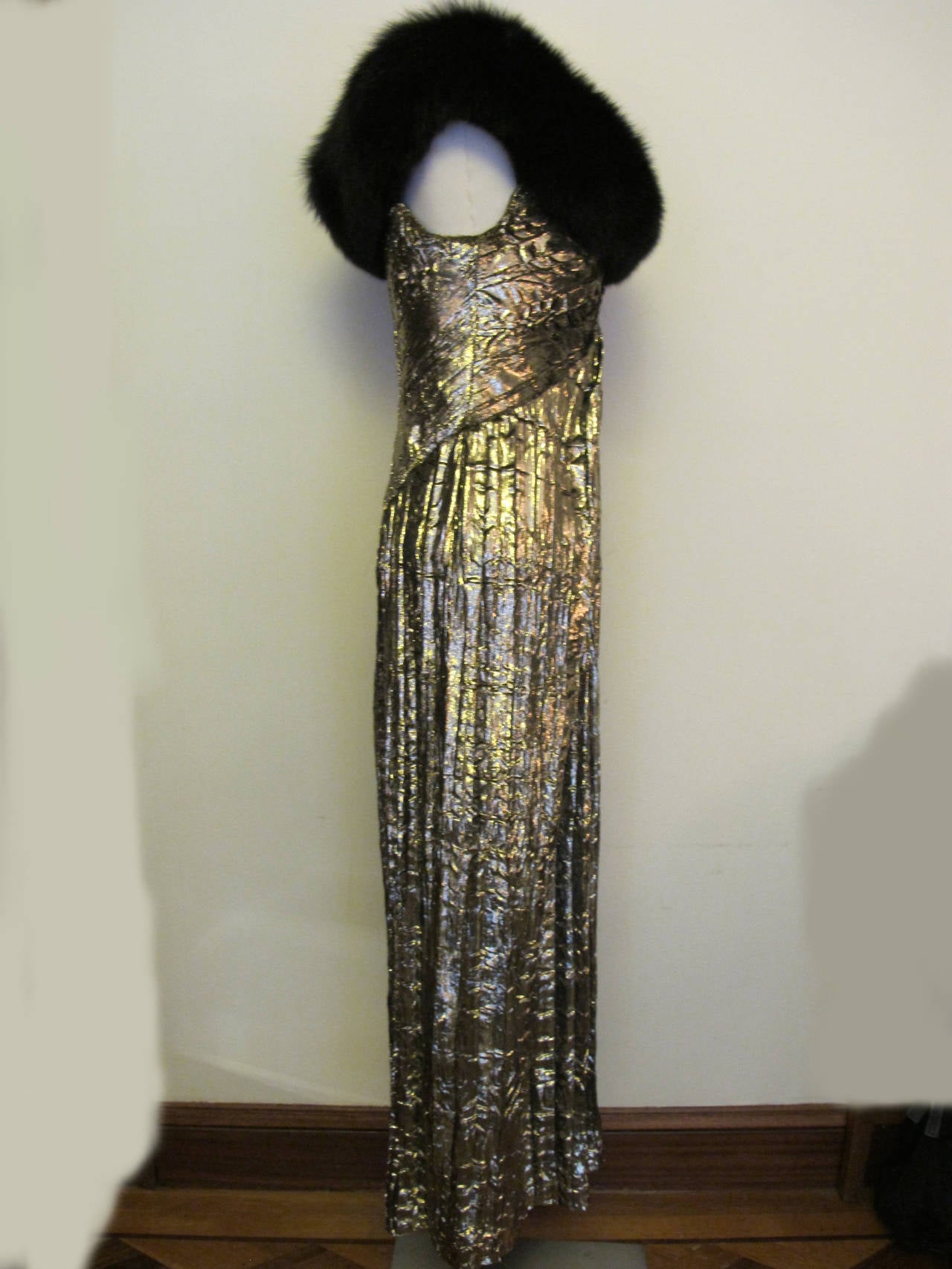 Bob Mackie I. Magnin Luscious Golden Velvet Evening Gown with Black Fox Fur In Excellent Condition For Sale In San Francisco, CA