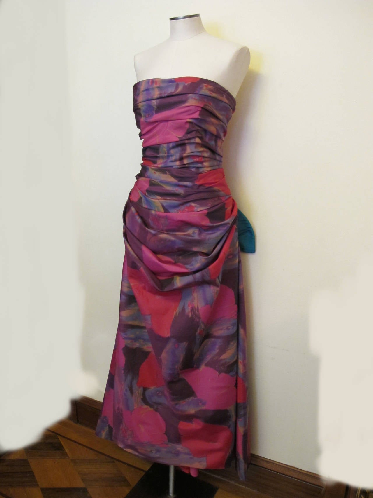 Brown Bob Mackie 1990's Floral Silk Taffeta Strapless Evening Gown For Sale