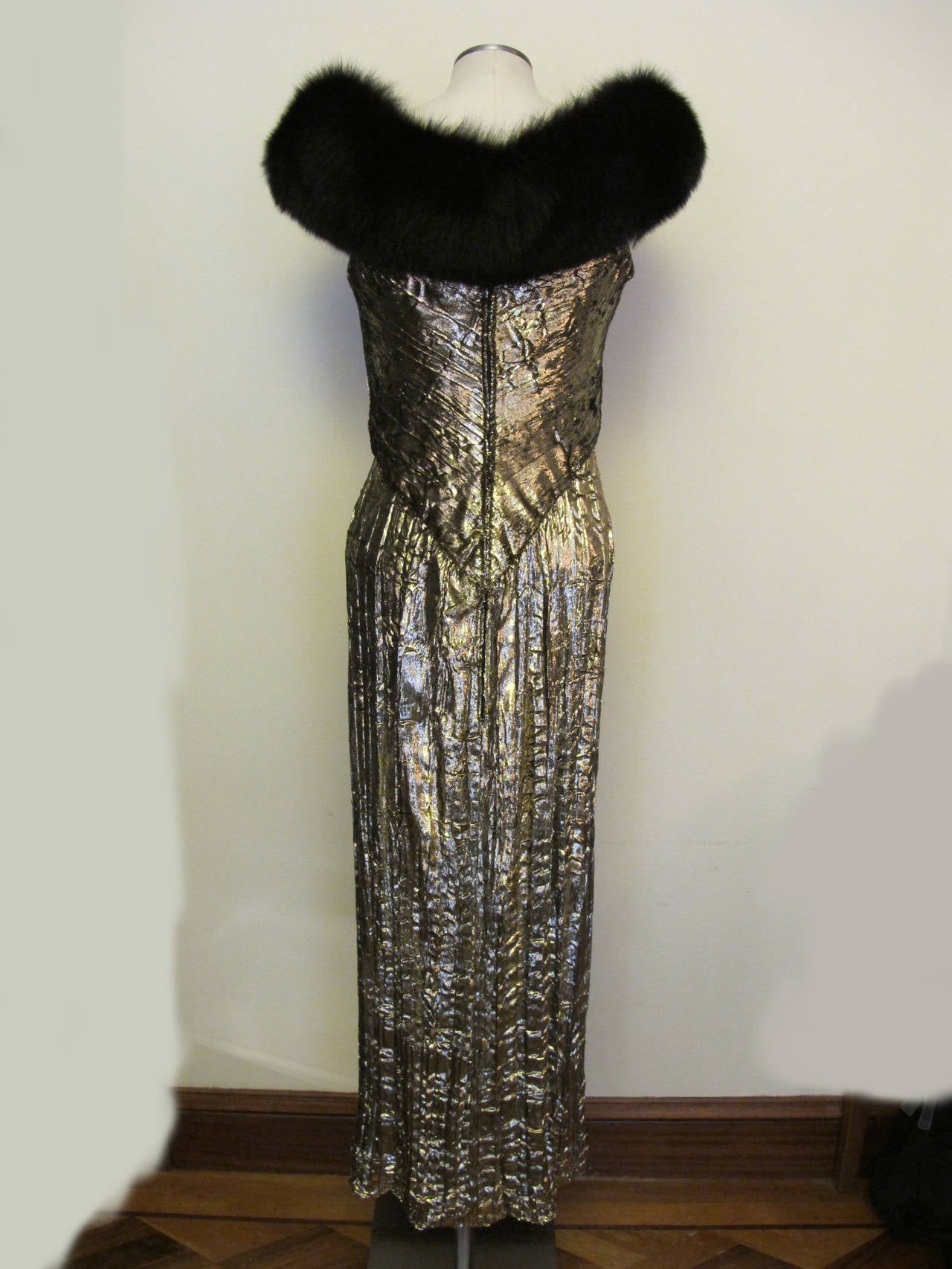 Women's Bob Mackie I. Magnin Luscious Golden Velvet Evening Gown with Black Fox Fur For Sale