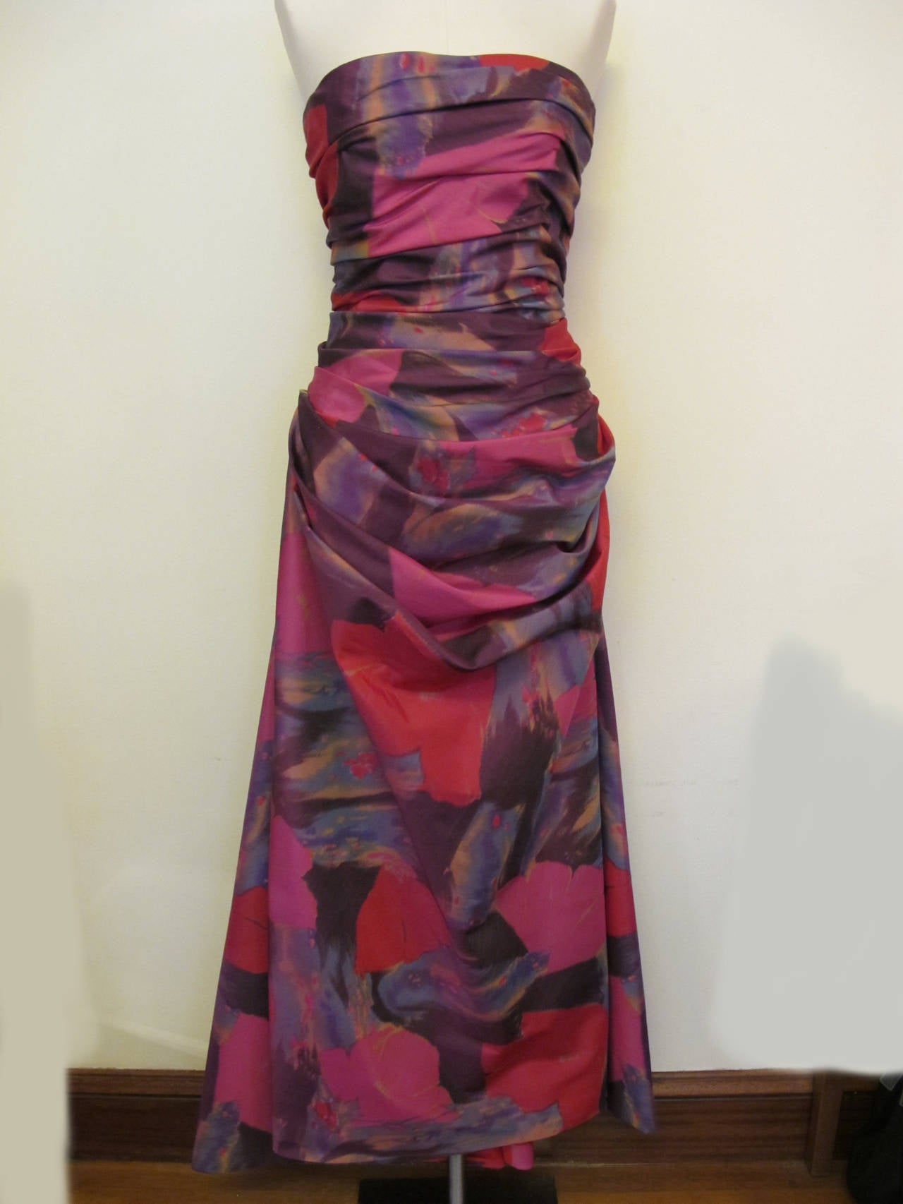 Bob Mackie 1990's Floral Silk Taffeta Strapless Evening Gown In Excellent Condition For Sale In San Francisco, CA