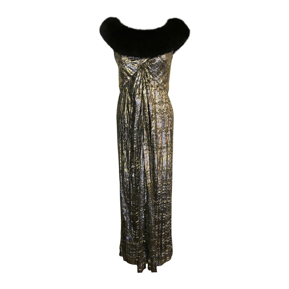 Bob Mackie I. Magnin Luscious Golden Velvet Evening Gown with Black Fox Fur For Sale