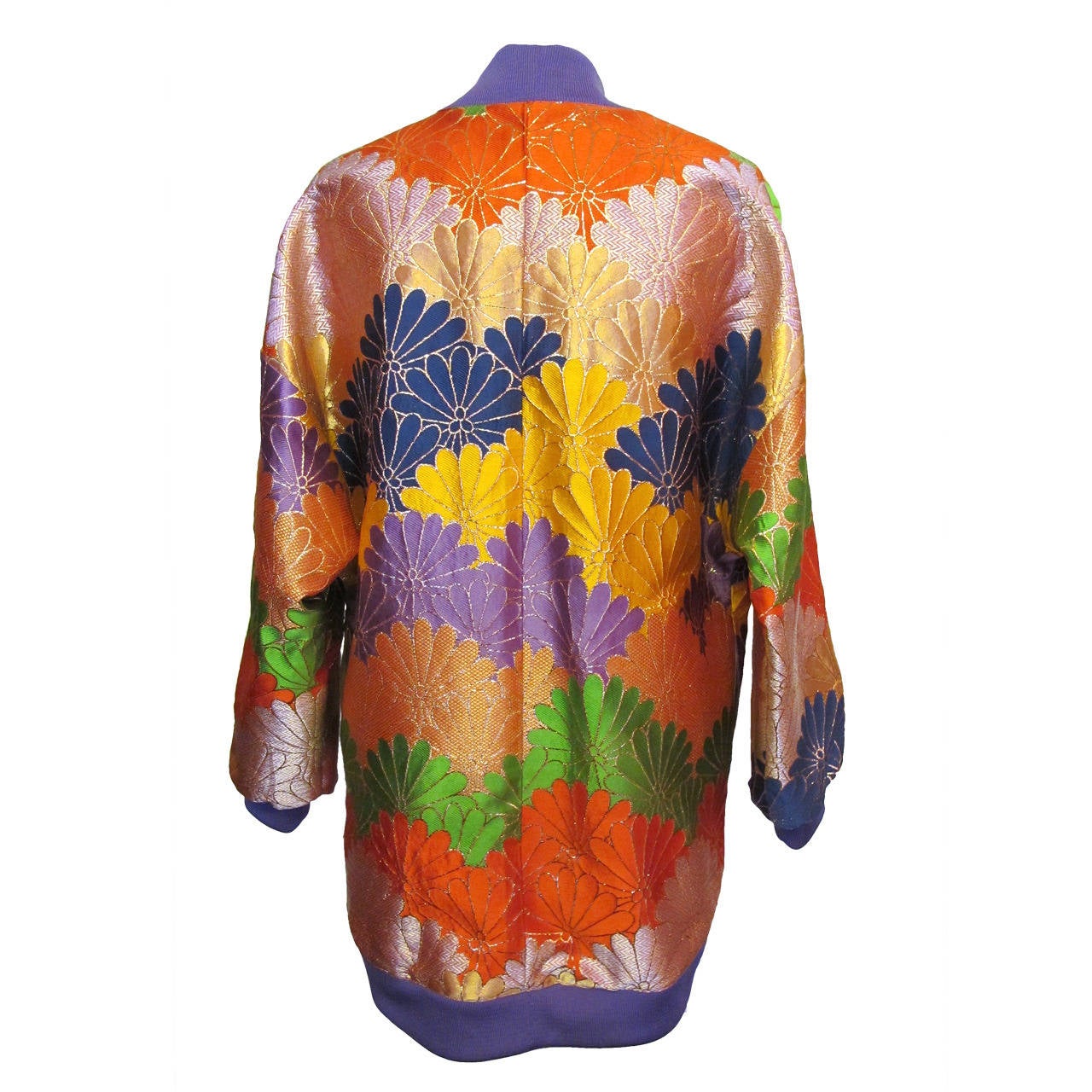 Fabulous drop shoulder silk faille jacket with Japanese inspired floral design in bold vibrant hues of lime green, mandarin orange, mustard yellow, eggplant purple and dark cerulean blue. Each flower bordered in gold metallic thread, the jacket