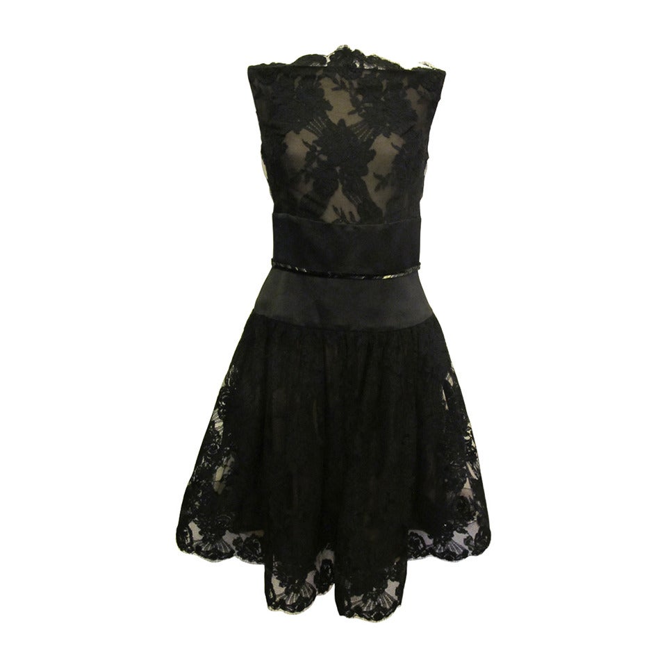 1970's Bill Blass Alençon Lace Black Bateau Neckline Cocktail Dress For Sale