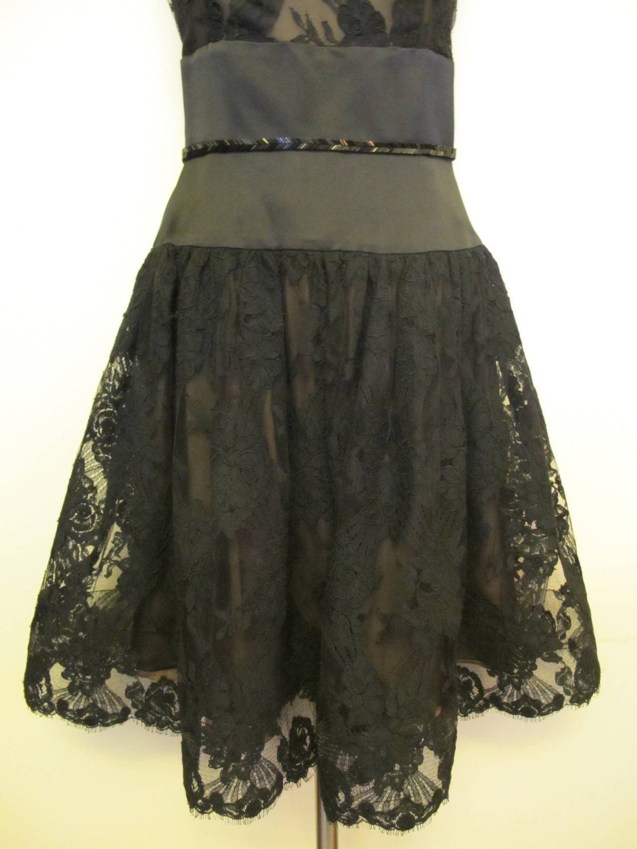 1970's Bill Blass Alençon Lace Black Bateau Neckline Cocktail Dress For Sale 2