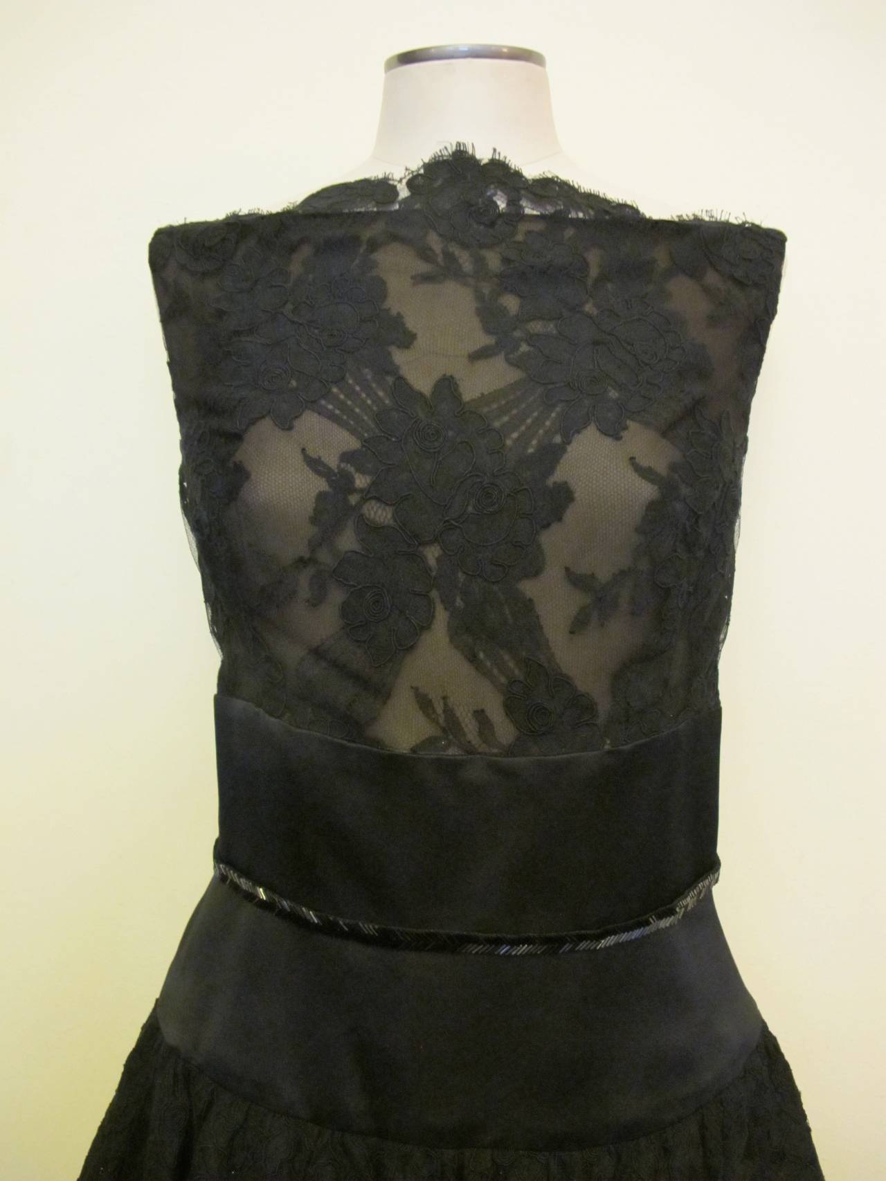 1970's Bill Blass Alençon Lace Black Bateau Neckline Cocktail Dress For Sale 1