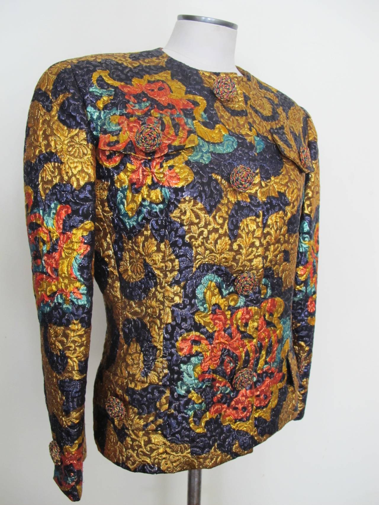 Brown Bill Blass Quilted Brocade Multi-Color Jacket For Sale