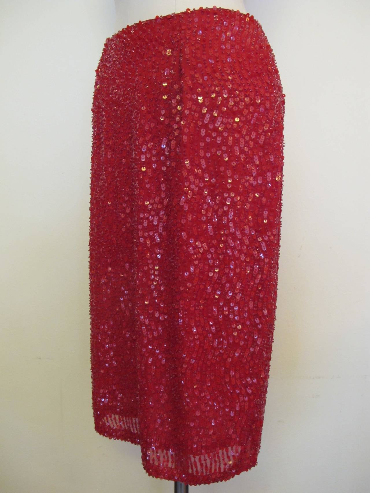 Randolph Duke for Halston Red Sequin and Beaded Skirt In New Condition For Sale In San Francisco, CA