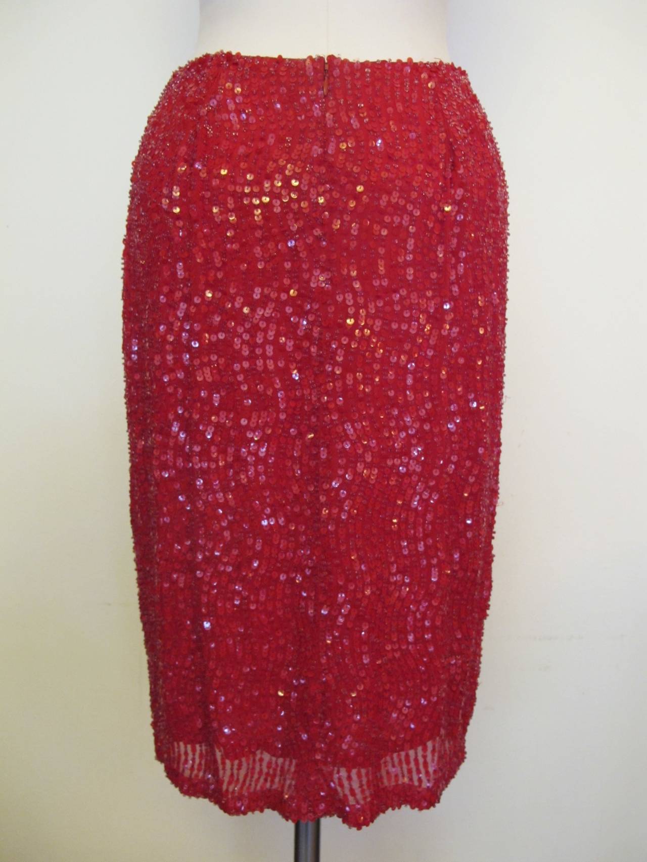 Women's Randolph Duke for Halston Red Sequin and Beaded Skirt For Sale