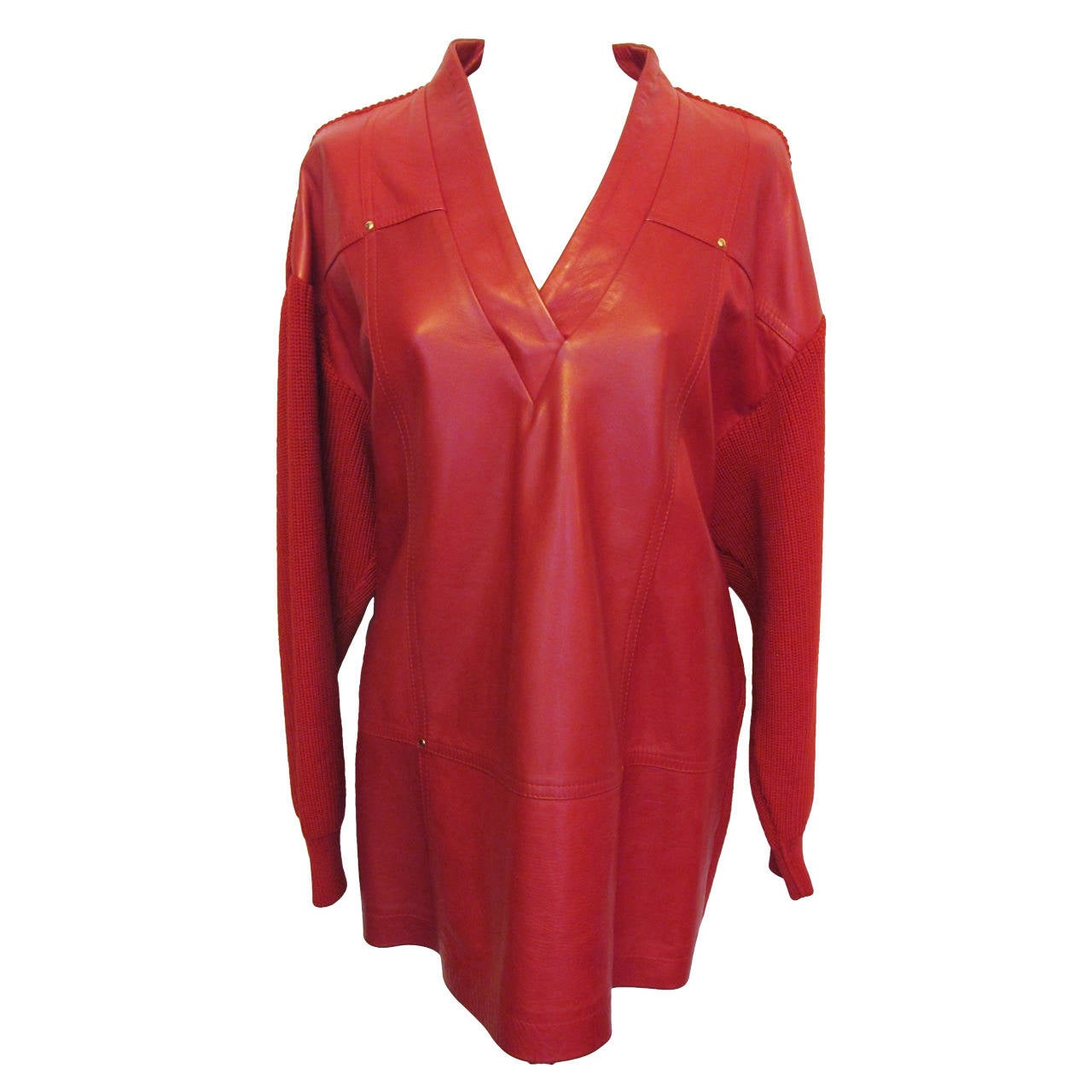 1980's Gianfranco Ferre Red Leather and Knit Unisex Sweater For Sale