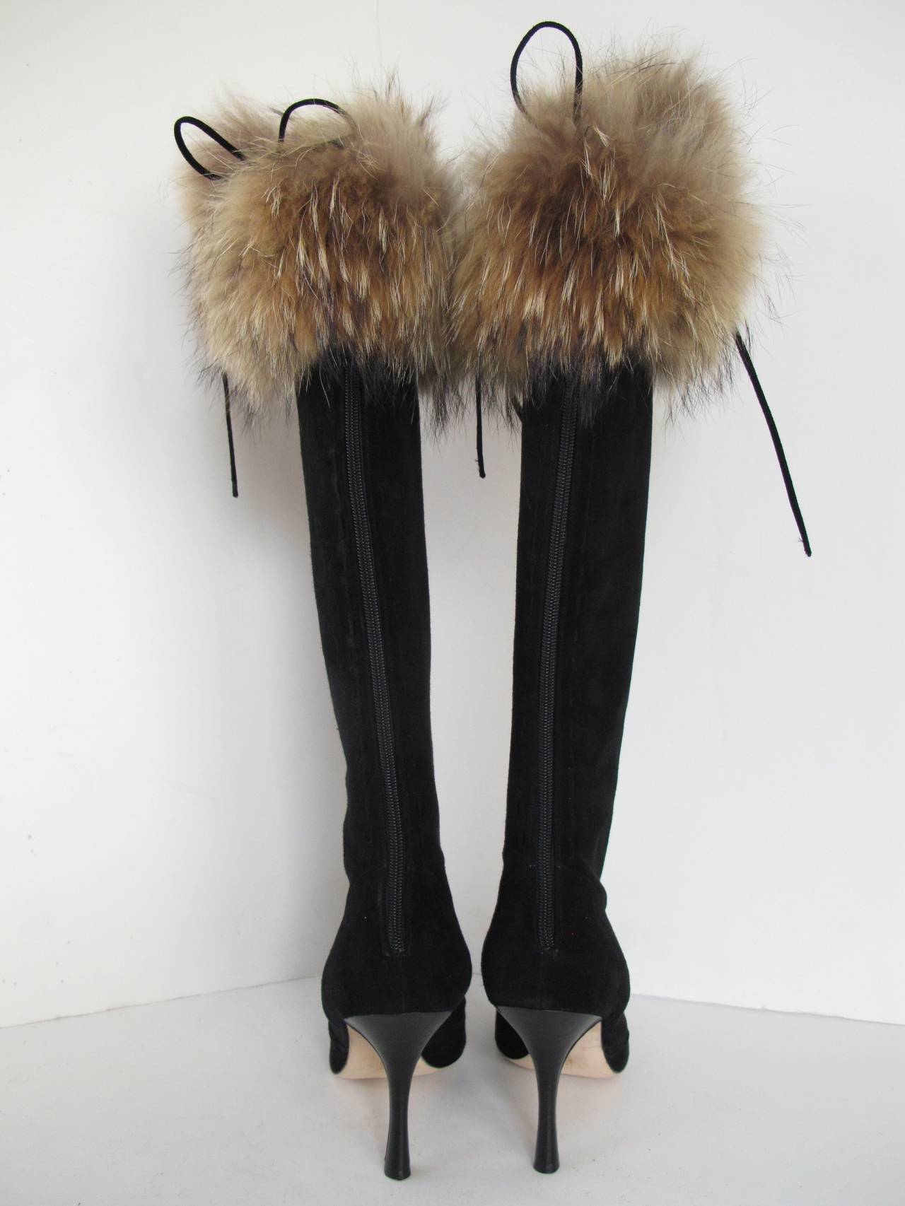 Women's Manolo Blahnik Black Suede Knee High Boots with Fox Fur Trim