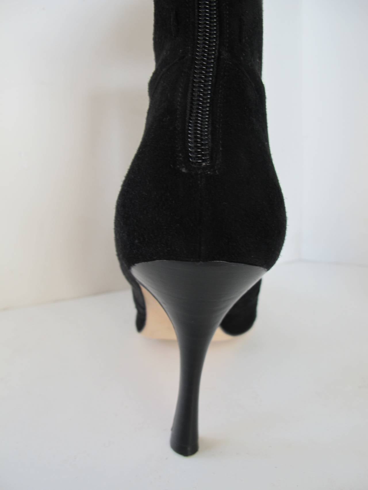 Manolo Blahnik Black Suede Knee High Boots with Fox Fur Trim 1