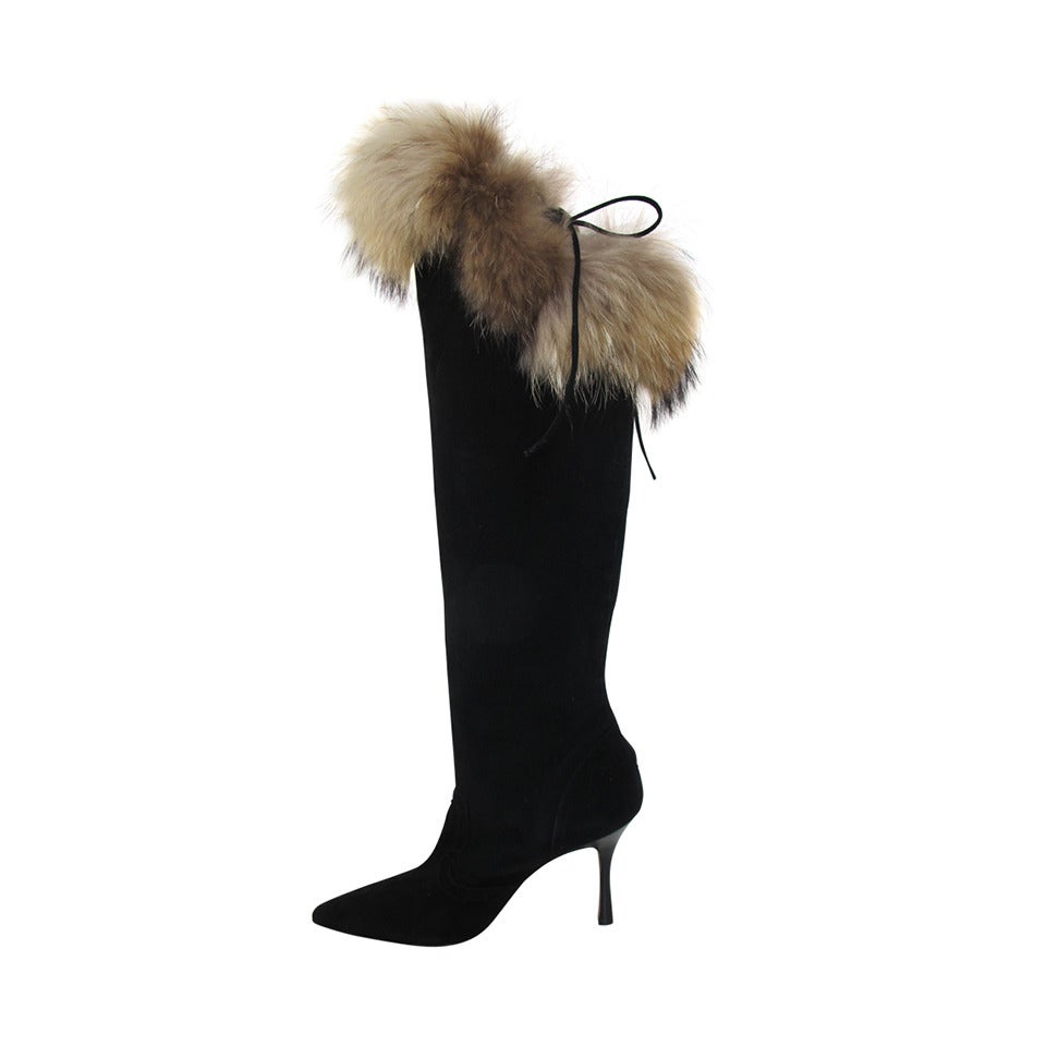 Manolo Blahnik Black Suede Knee High Boots with Fox Fur Trim