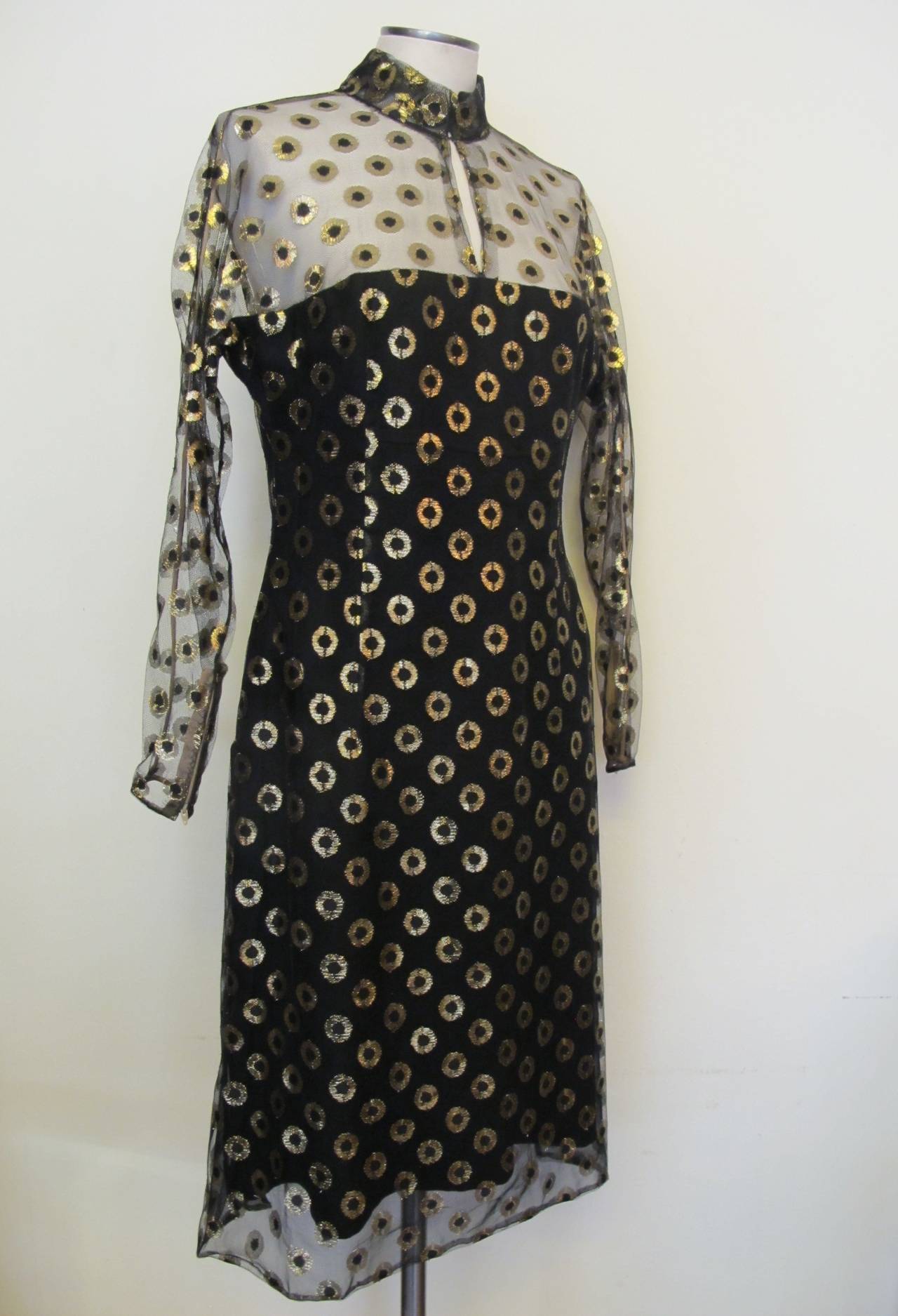1970's Pauline Trigere Black and Gold Cocktail Dress In Excellent Condition For Sale In San Francisco, CA