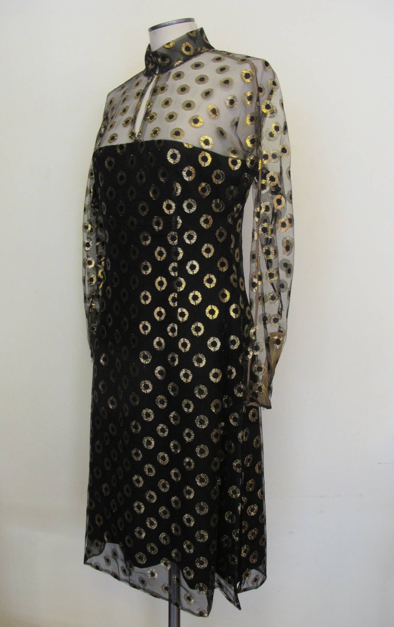 Women's 1970's Pauline Trigere Black and Gold Cocktail Dress For Sale