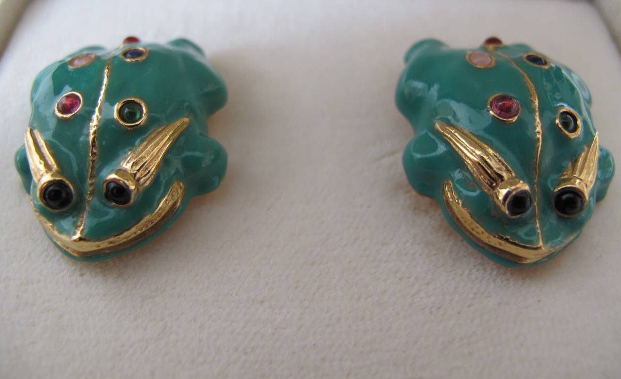 Judith Lieber Frog Clip-On Earrings with Semi Precious Stones In Excellent Condition In San Francisco, CA