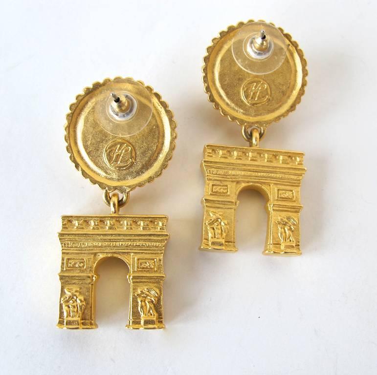 1980's Karl Lagerfeld Gold-Tone and Pearl Arc de Triomphe Pierced Earrings For Sale 1