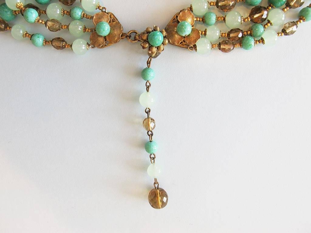 1950's Miriam Haskell Green Beaded Four Strand Necklace In Excellent Condition For Sale In San Francisco, CA