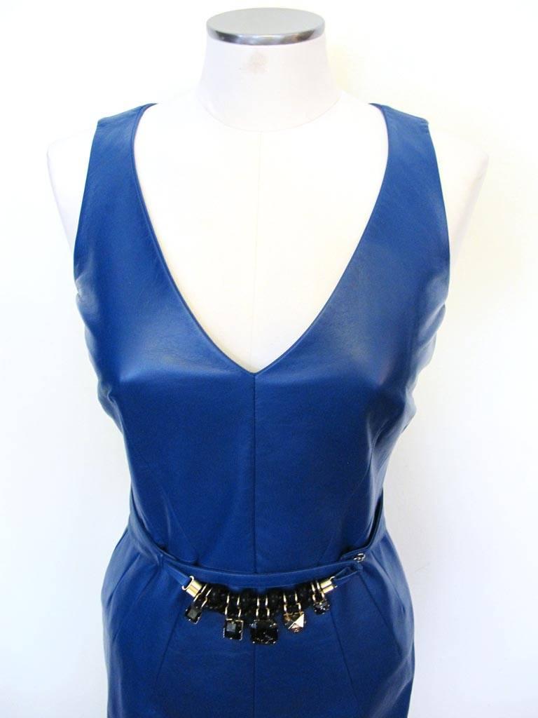 Women's New Versace Cobalt Blue Leather V-Neck Dress