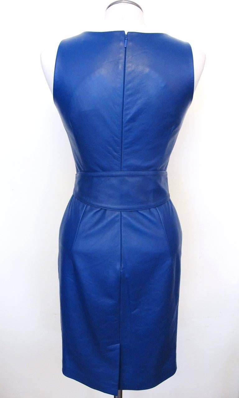 New Versace Cobalt Blue Leather V-Neck Dress In New Condition In San Francisco, CA