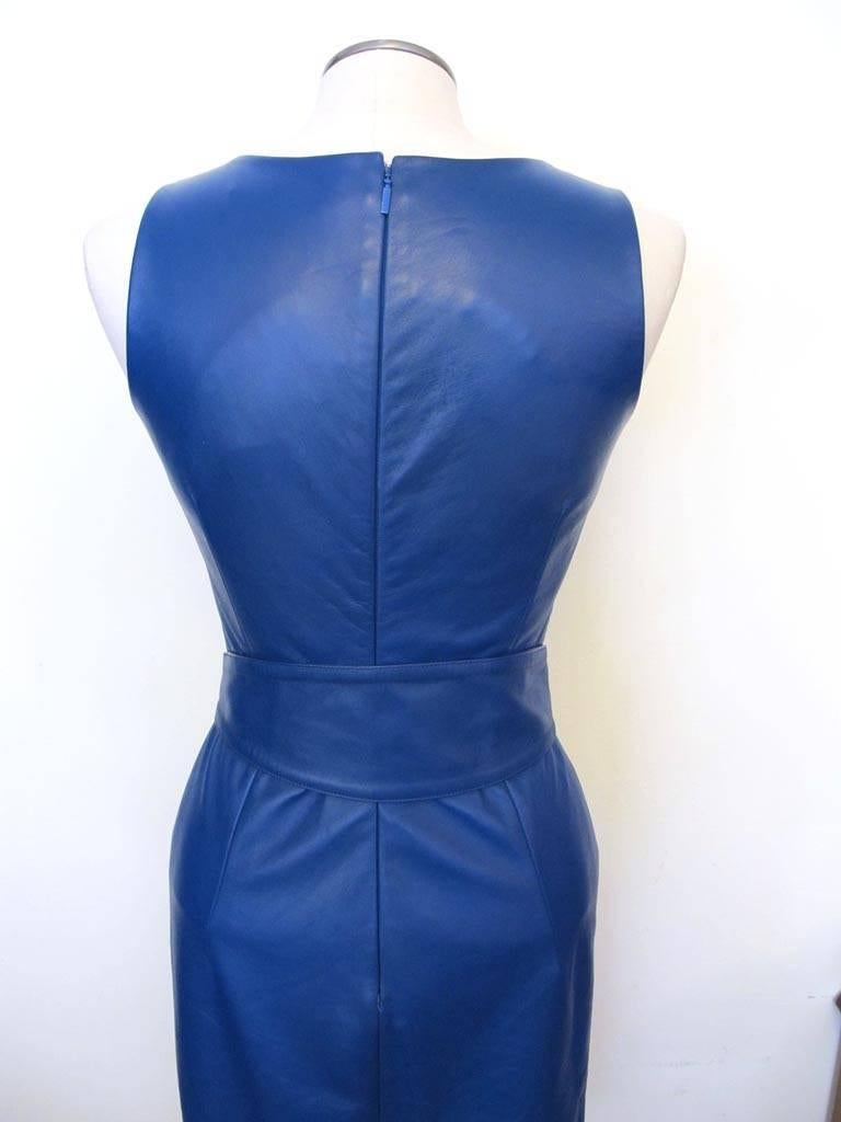 New Versace Cobalt Blue Leather V-Neck Dress 1