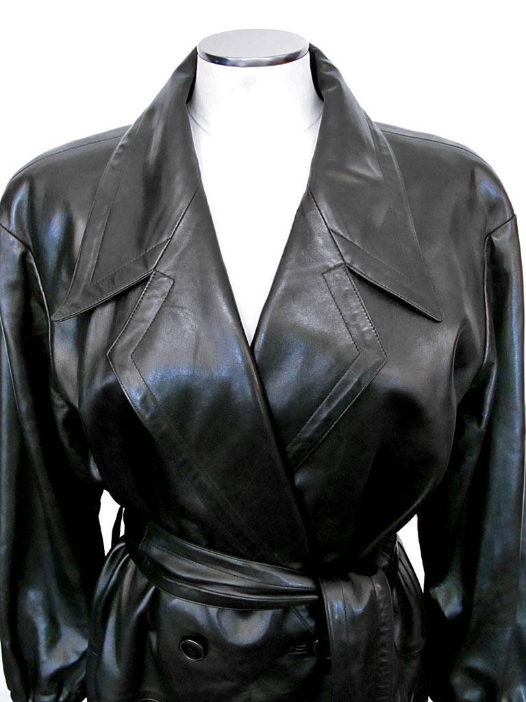 Collectable 1980's Yves Saint Laurent Black Leather Trench Coat In Excellent Condition For Sale In San Francisco, CA