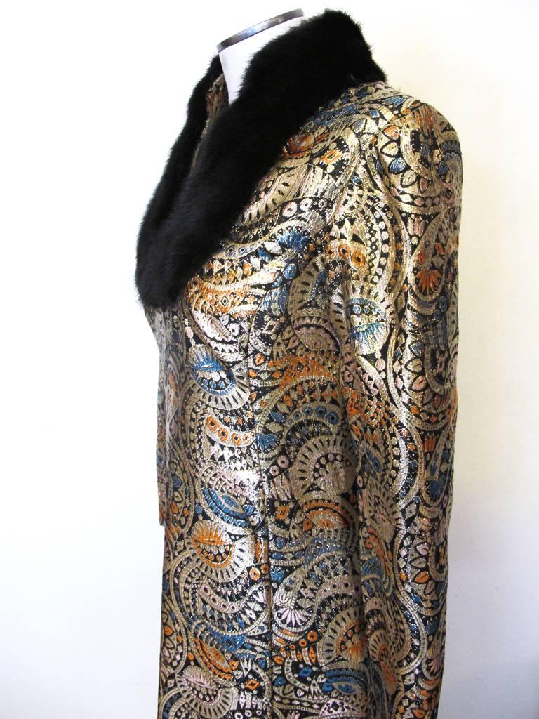 Brown 1970's Malcolm Starr Gold Metallic Brocade Evening Gown with Black Mink Trim  For Sale