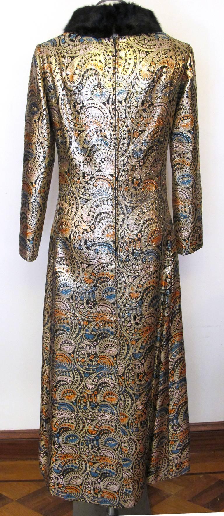 1970's Malcolm Starr Gold Metallic Brocade Evening Gown with Black Mink Trim  For Sale 1